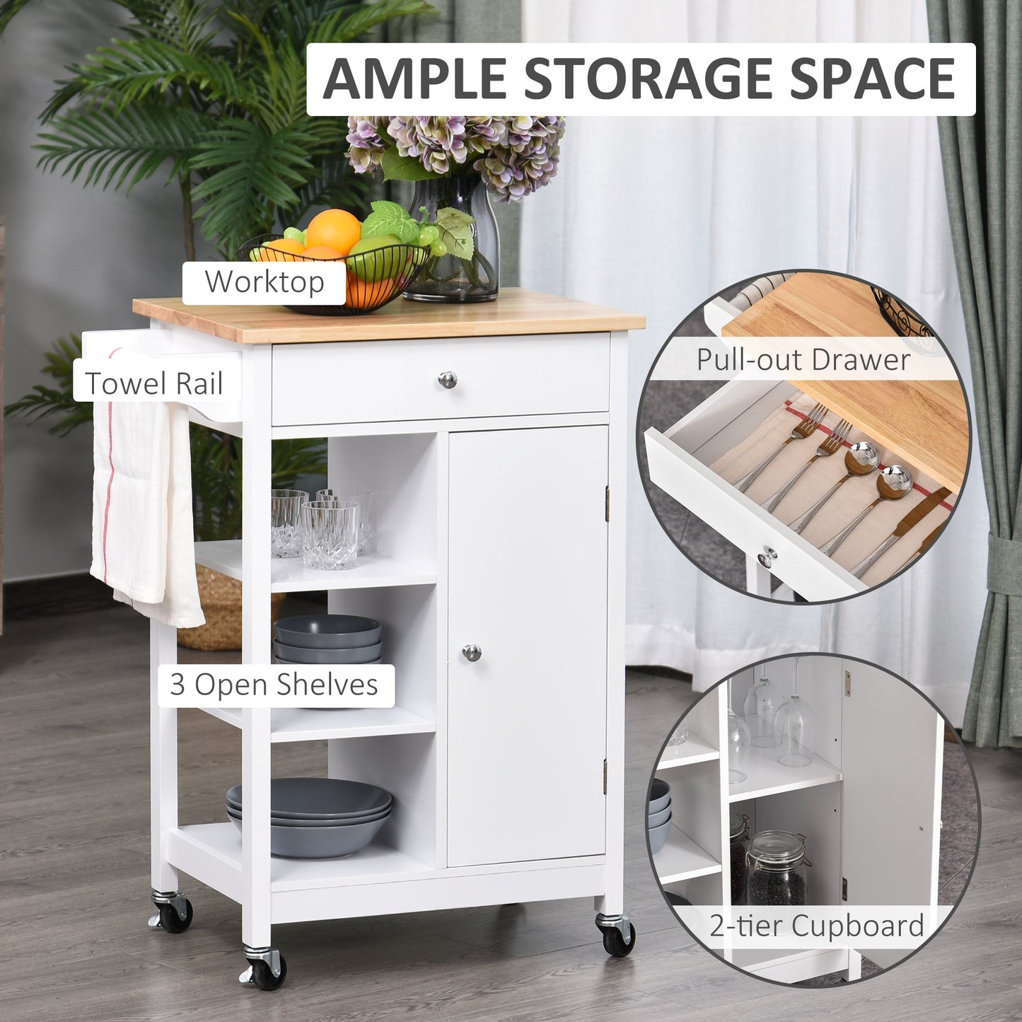 Kitchen Storage Trolley Unit w/ Wood Top 3 Shelves Cupboard Drawer Rail 4 Wheels Handles Moving Shelf Handy Spacesaver White