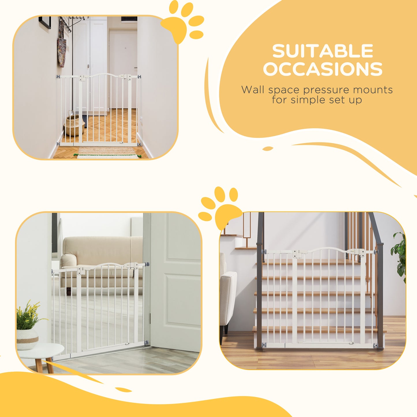 PawHut Metal 74-100cm Adjustable Pet Baby Gate Safety Barrier w/ Auto-Close Door White