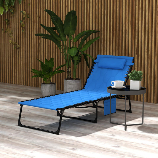 Outsunny Foldable Sun Lounger With 5 Level Reclining Back Outdoor Tanning Chair With Side Pocket, Headrest - Blue