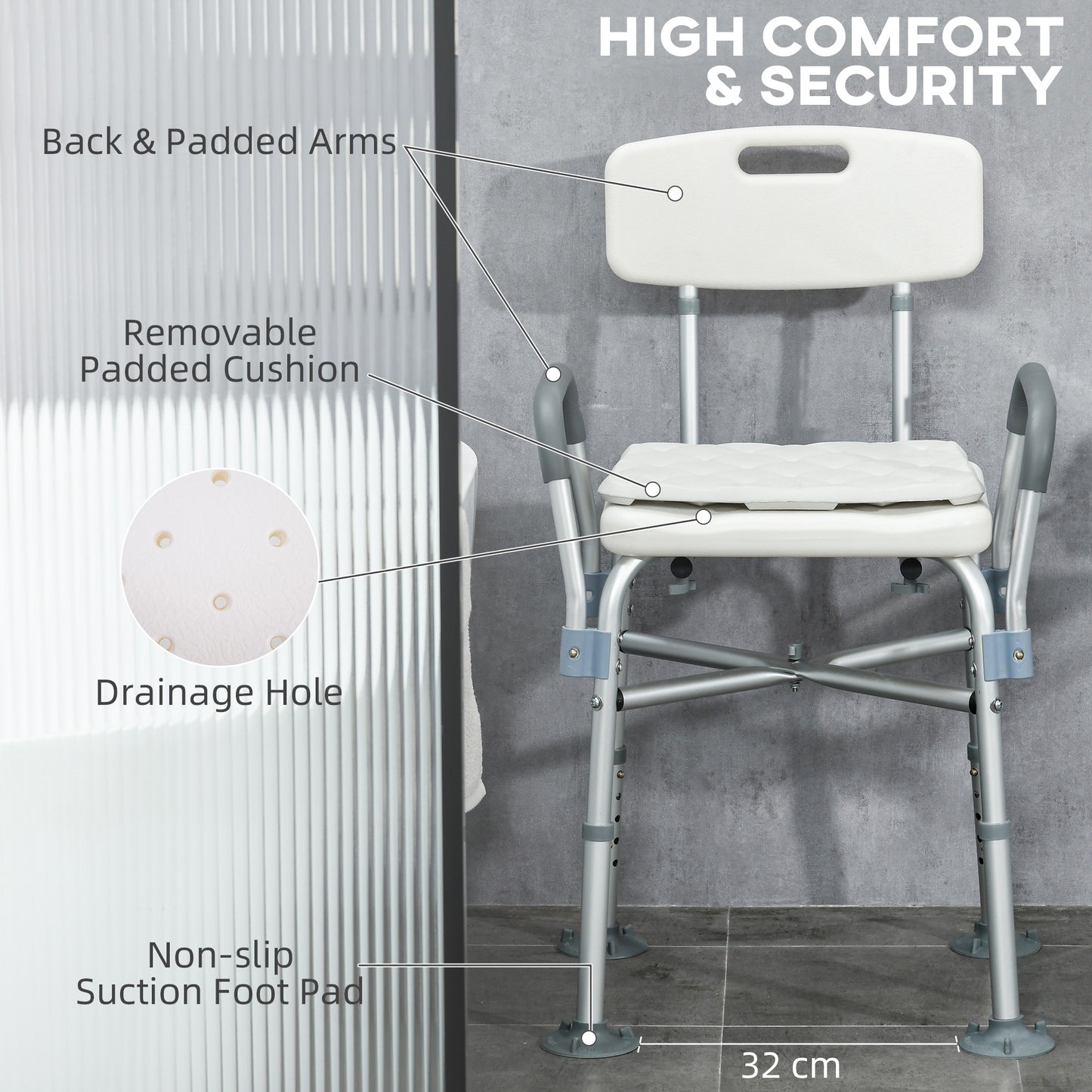 Aluminium Shower Chair With Backs & Arms, Height Adjustable Shower Seat , Removable Padded Cushion Bath Stool