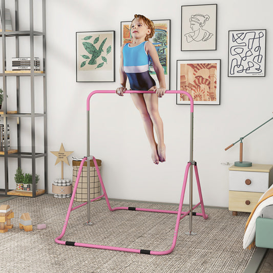 Kids Gymnastics Bar w/ Adjustable Height, Foldable Horizontal Bars, Pink