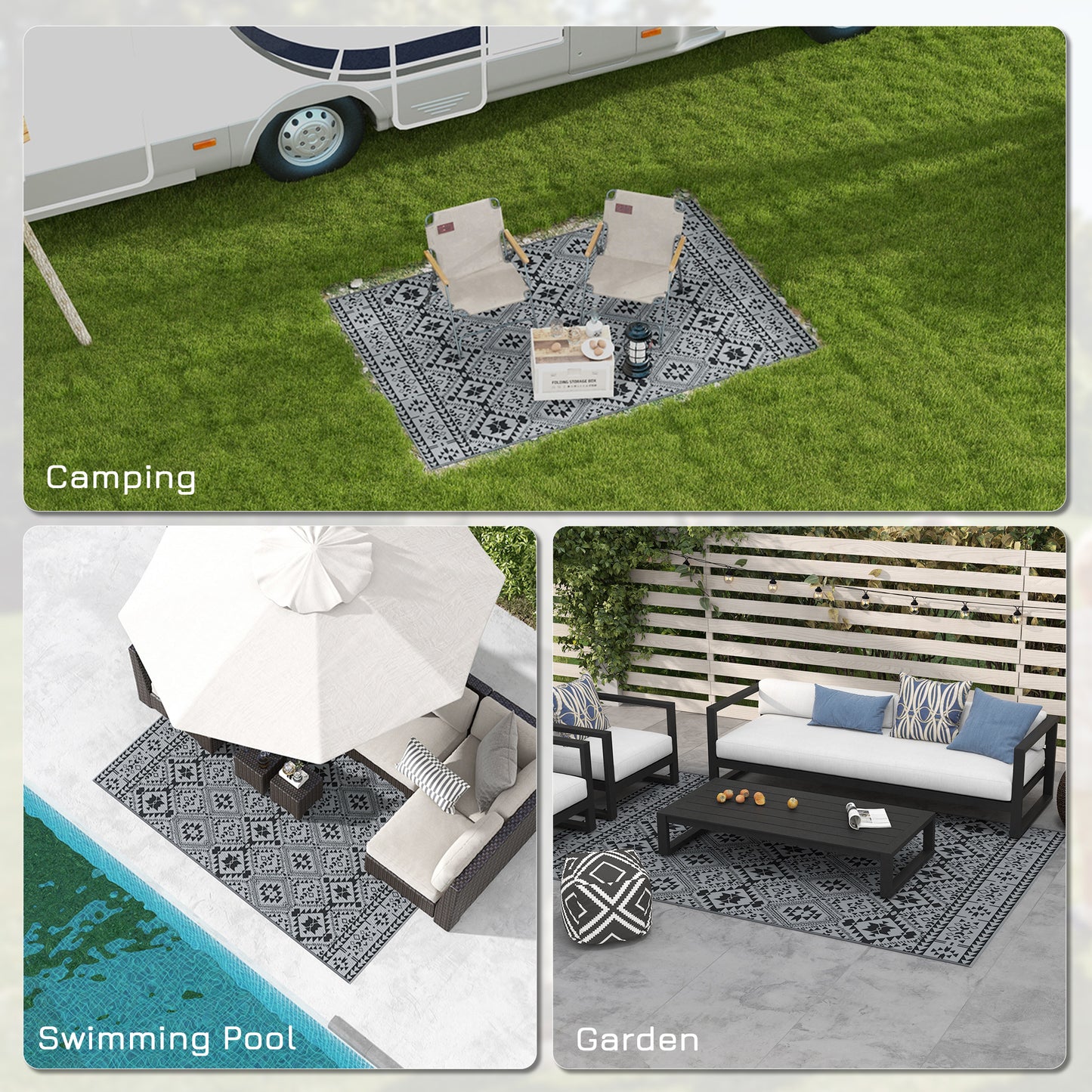Outsunny Plastic Straw Reversible RV Outdoor Rug with Carry Bag, 182 x 274cm, Black and Grey