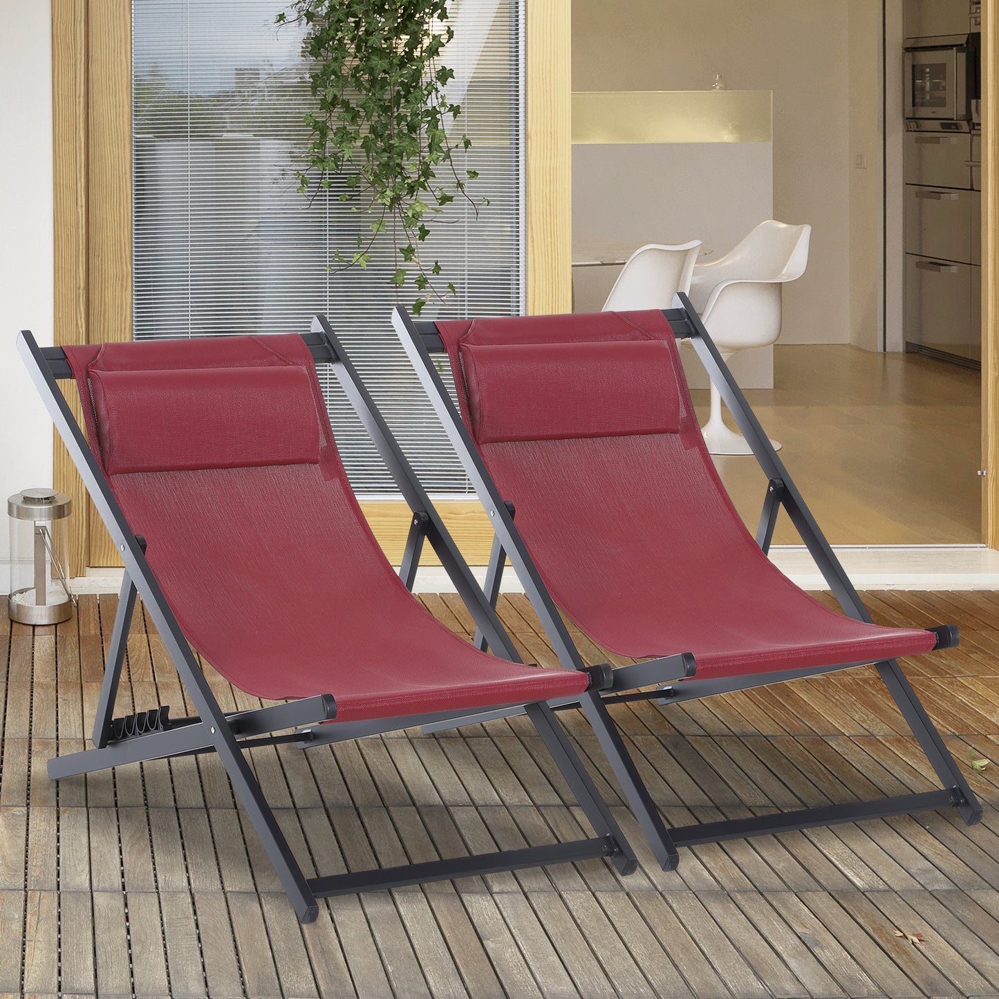Outsunny Set of 2 Folding Garden Beach Deck Chairs Deckchairs Seaside Folding Garden Patio Lounger, Red