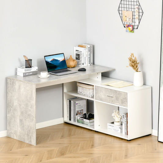 L-Shaped Computer Desk Home Office Corner Desk Study Workstation Space Saving Table with Shelves Drawer, Grey and White
