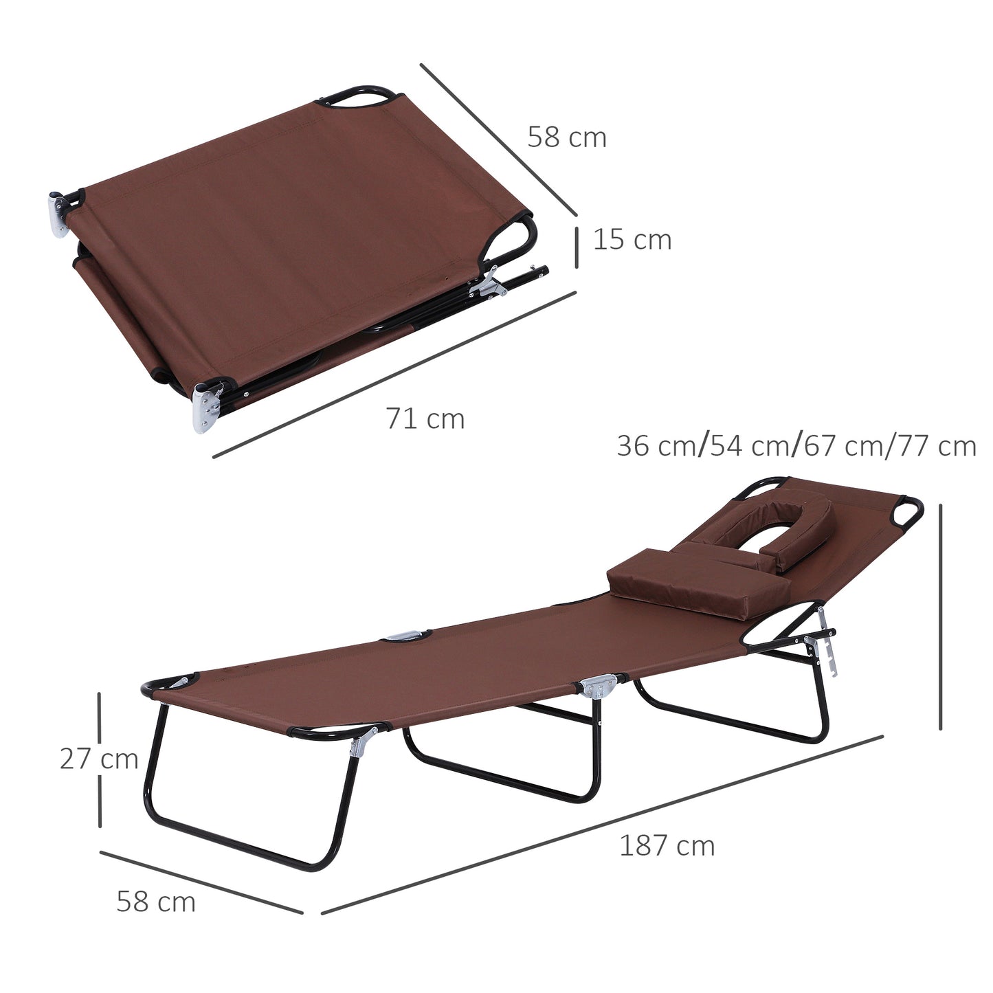 Outsunny Sun Lounger Foldable Reclining Chair with Pillow and Reading Hole Garden Beach Outdoor Recliner Adjustable Brown