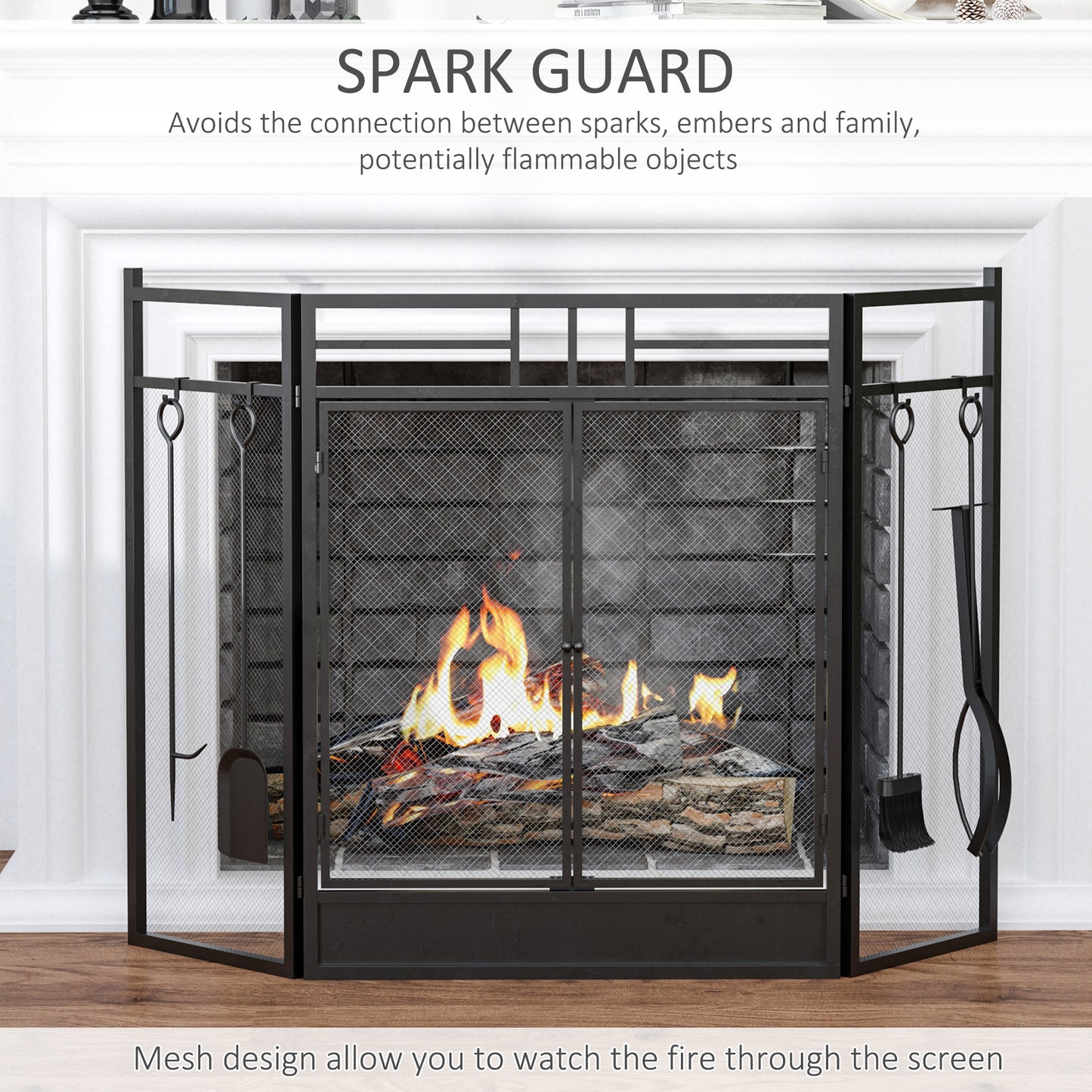 3 Panel Folding Fire Guard, Steel Fireplace Screen with Double Door and Mesh Design for Open Fire, 122W x 80H cm, Black