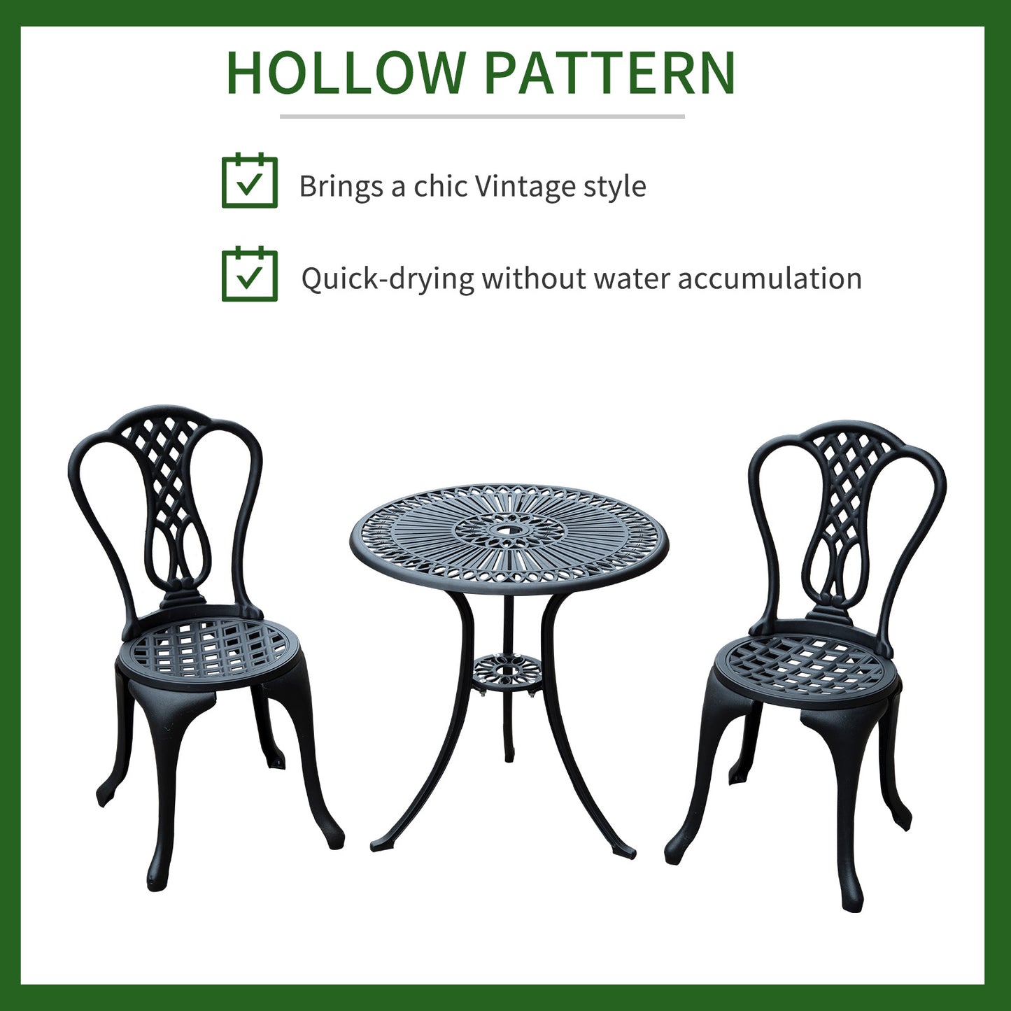 3 Piece Patio Cast Aluminium Bistro Garden Outdoor Furniture Table and Chairs Set Shabby Chic Style