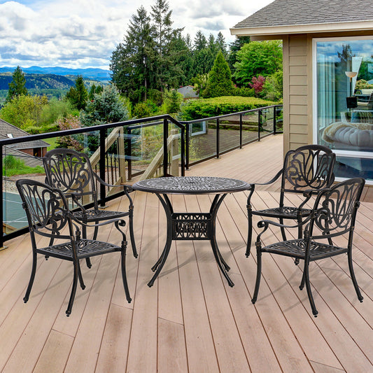 Outsunny 5-Piece Outdoor Furniture Dining Set, Cast Aluminum Conversation Set Includes 4 Chairs, 1 Round Table with Umbrella Hole for Patio Garden