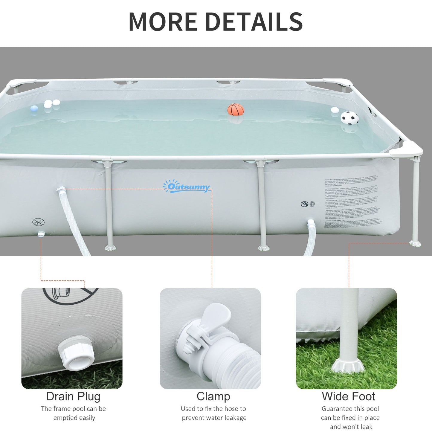 Outsunny Steel Frame Pool with Filter Pump and Filter Cartridge Rust Resistant Above Ground Pool with Reinforced Sidewalls, 252 x 152 x 65cm, Grey