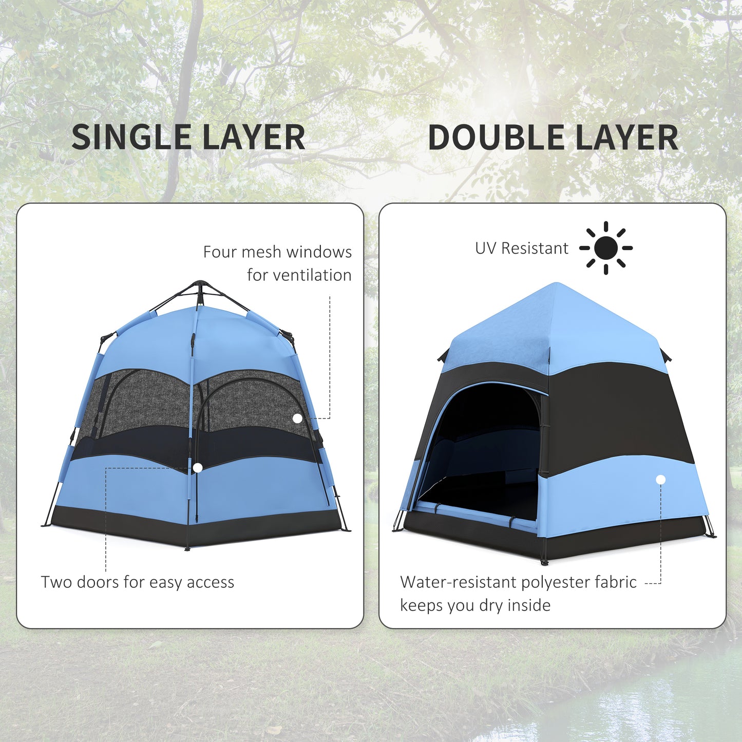 Outsunny Double Layer Dome Tent With Rainfly And Welded Floor 4 Man Hexagon Pop Up Portable Camping Shelter With Carry Bag - Blue and Black