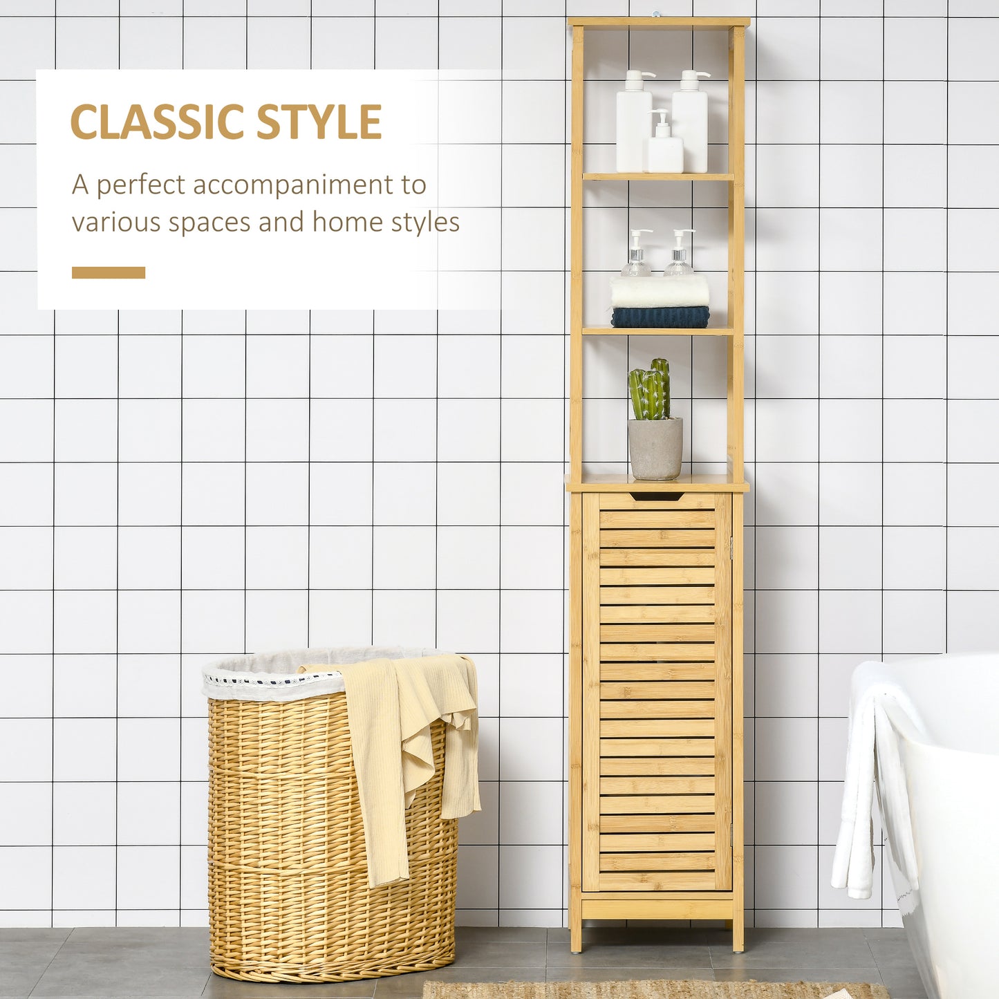 Kleankin Bathroom Floor Cabinet with 3 Shelves and Cupboard, Slim and Freestanding Organiser, Tallboy with Storage, Natural