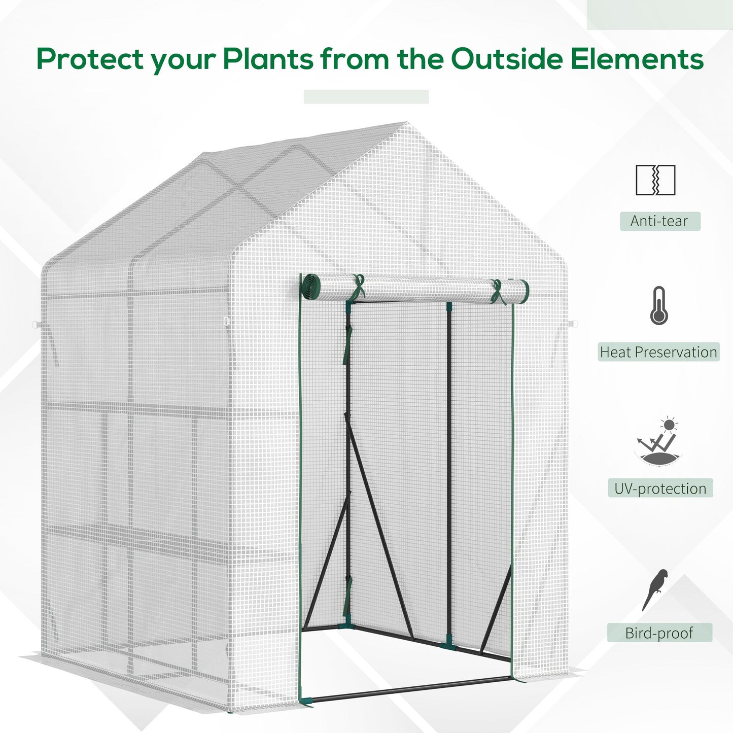 Outsunny Walk-In Greenhouse Portable Gardening Plant Grow House with 2 Tier Shelf, Roll-Up Zippered Door and PE Cover, 143 x 143 x 195 cm