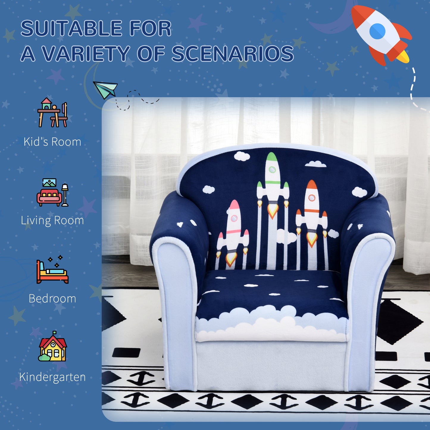 Children's Chair Armchair Single Sofa, 50 x 39 x 44cm, for 18M+, Blue