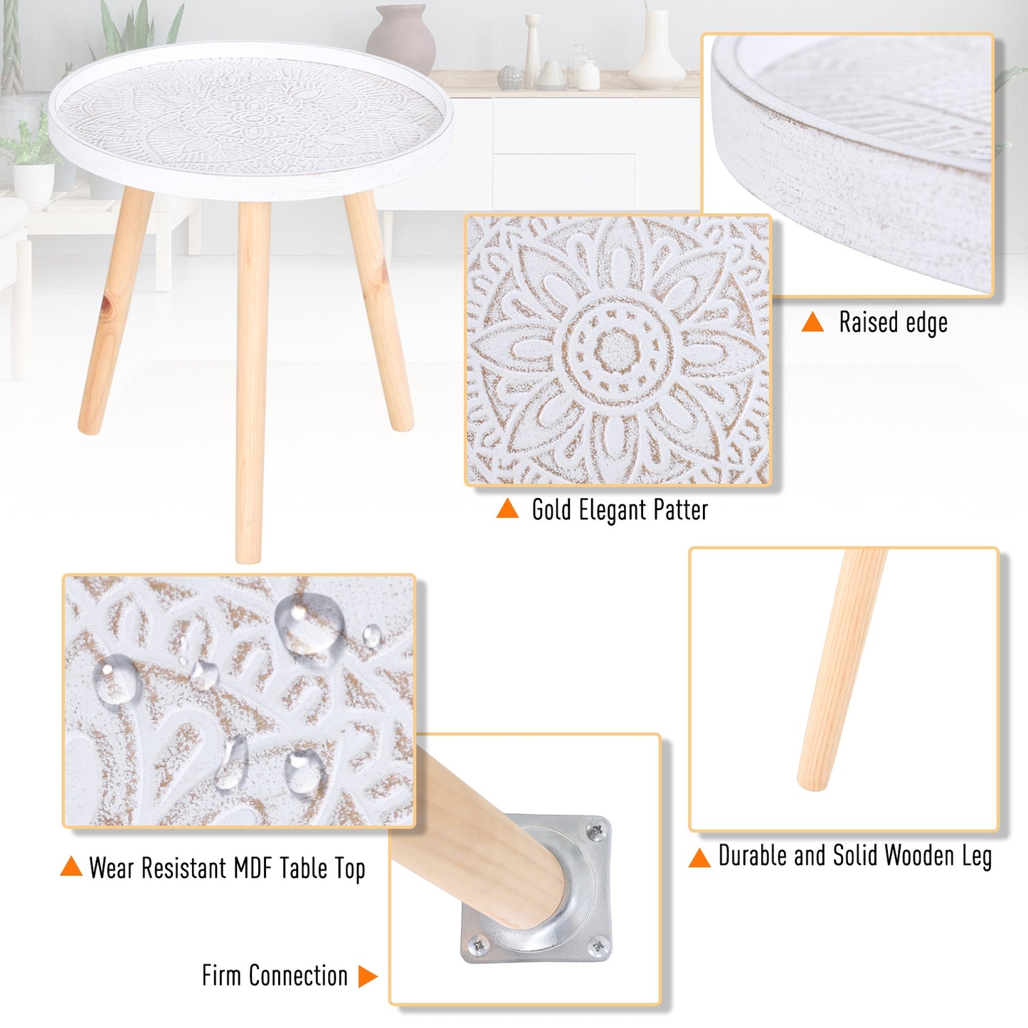 Flower Etched Side Table w/Saucer Top Wood Legs Living Room Bedroom Furniture Coffee End Table Display Decoration Elegant - White