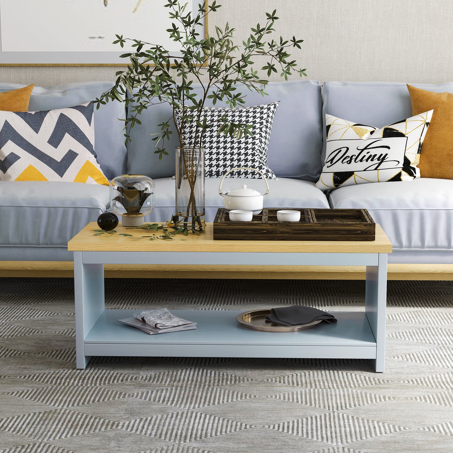 Coffee Table w/Open Display Wood Effect Tabletop Retro Rustic Style Chic Living Room Storage Grey