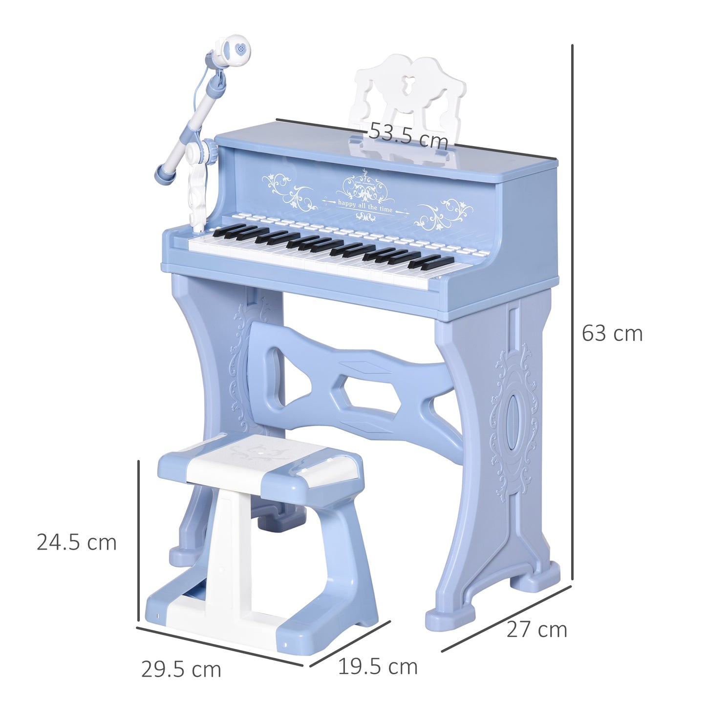 37 Keys Mini Electronic Keyboard Light Kids Musical Instrument Educational Game Children Grand Piano Toy Set w/Stool & Microphone & Music Blue