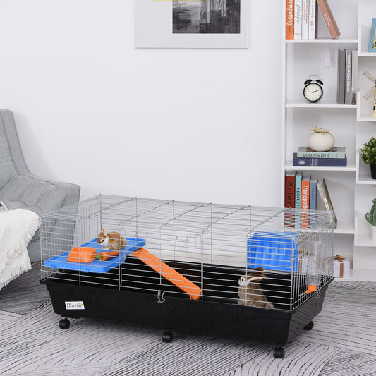 PawHut Steel Medium 2-Tier Small Animal Cage w/ Accessories Blue/Orange