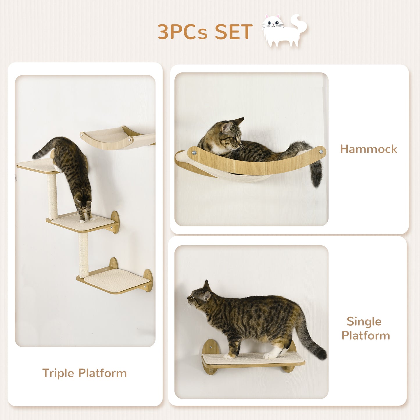 PawHut 3 Piece Wall Mounted Cats Shelves, Cat Climbing Shelf Set, Kitten Activity Center with Jumping Platforms Hammock Scratching Post, Oak