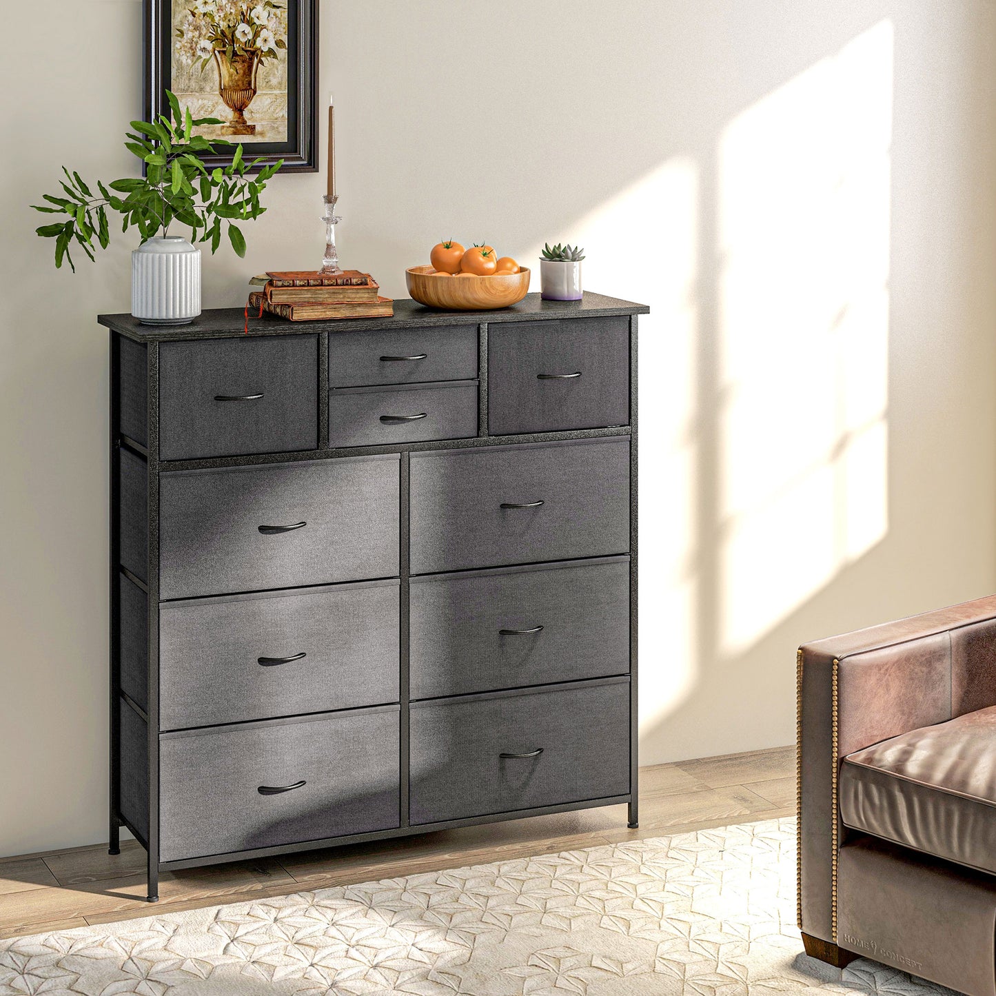 Chest of Drawers, 10 Drawer Dresser with Foldable Fabric Drawers and Steel Frame, Black