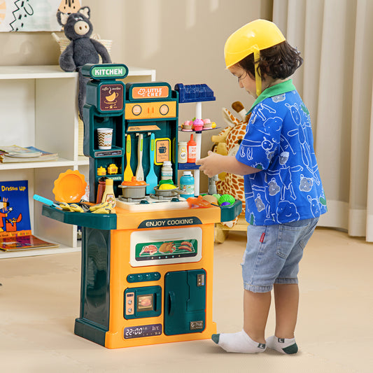 AIYAPLAY Toy Kitchen, 77 Pieces Kids Play Kitchen Role Playing Game with Sound and Light, Water Spray, Running Water