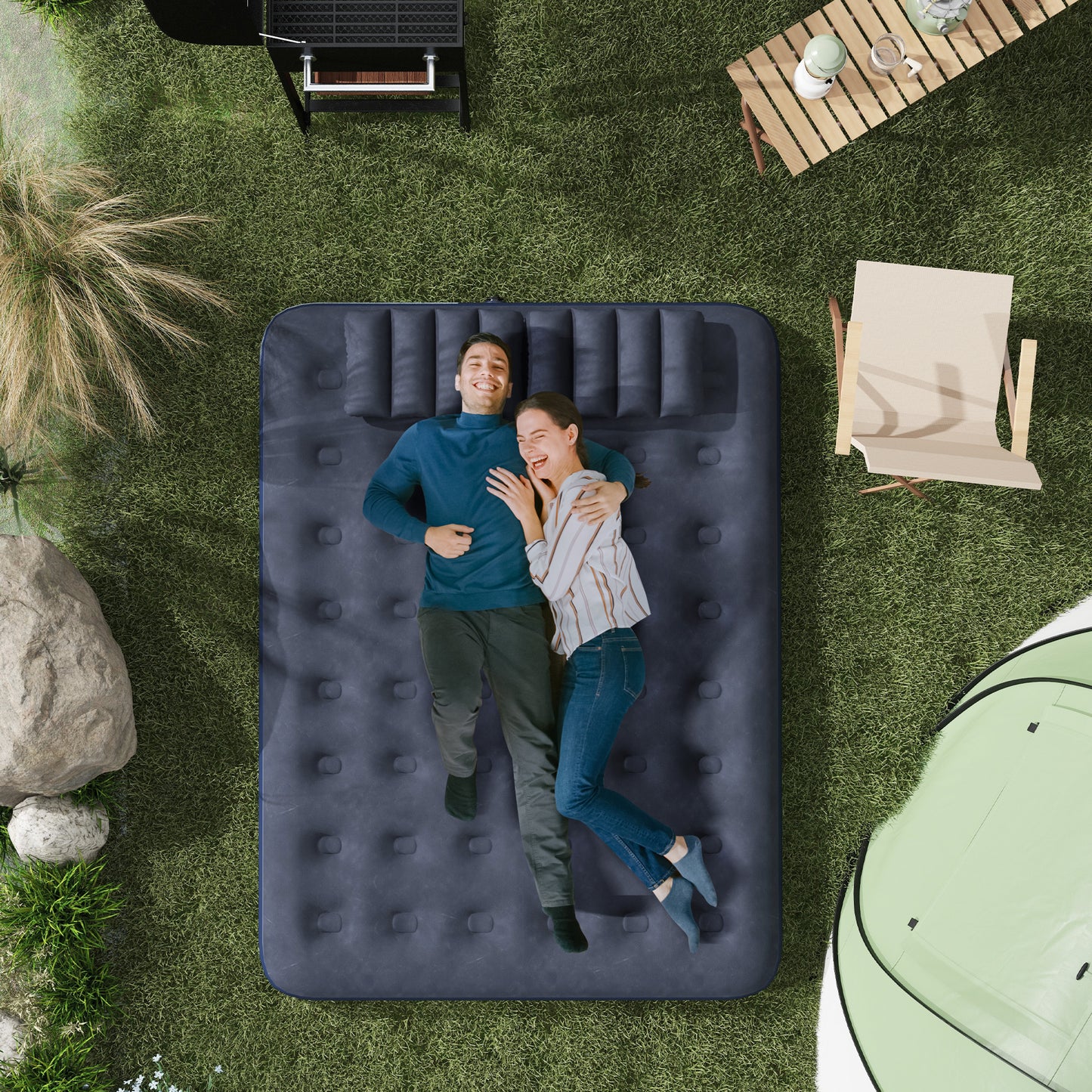 Outsunny Inflatable Queen Size Air Bed, with Built-In Hand Pump - Blue