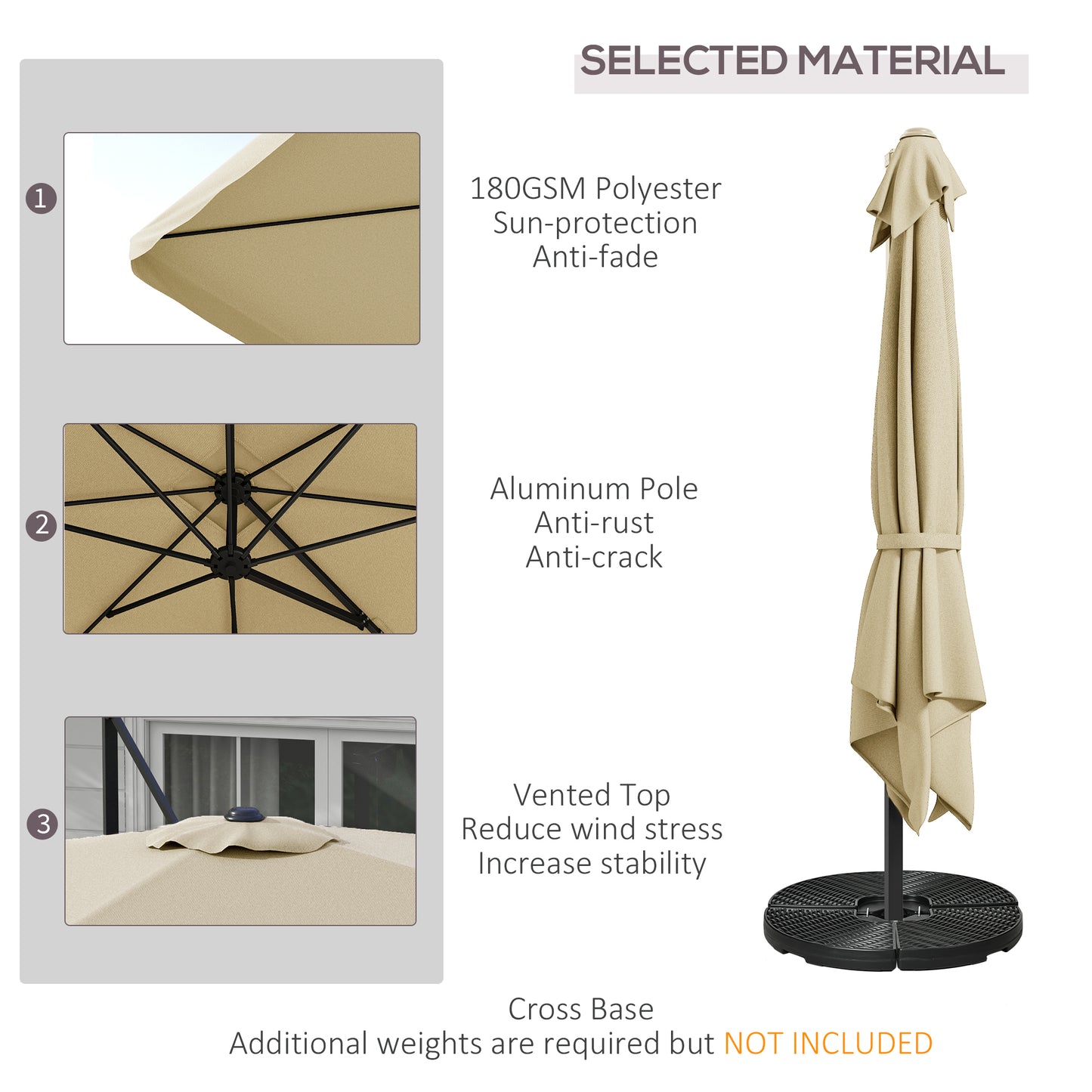 Outsunny 3(m) Cantilever Roma Parasol, Hanging Garden Parasol, Aluminium Square Patio Umbrella with Crank Handle and Tilt, Outdoor Patio Sun Shade with Vented Top, 8 Ribs, Cross Base, Khaki