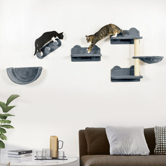 PawHut 4 Piece Wall-Mounted Cat Shelves w/ Scratching Post, Hammock, Nest, Grey and Cream