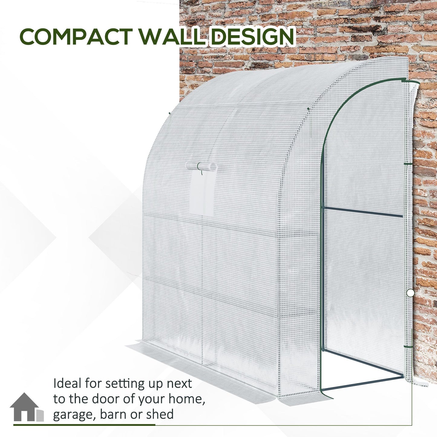 Outsunny Walk-In Lean to Polytunnel Greenhouse with Windows and Doors 2 Tiers 4 Wired Shelves 200L x 100W x 215Hcm White