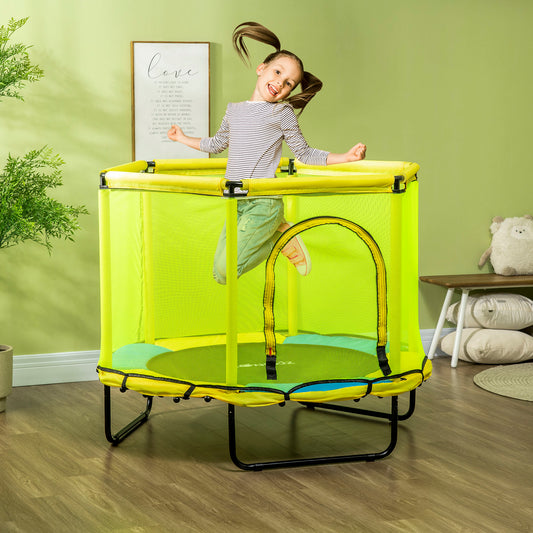 ZONEKIZ 140 cm Kids Trampoline, Hexagon Indoor Bouncer Jumper with Security Enclosure Net, Bungee Gym for Children 1-6 Years Old, Yellow