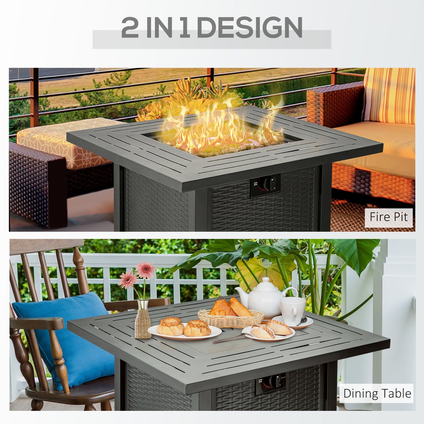 Outsunny Square Propane Gas Fire Pit Table, 40000 BTU Rattan Smokeless Firepit Patio Heater w/ Protective Cover, Lava Rocks and Lid, 71x71x62cm, Black