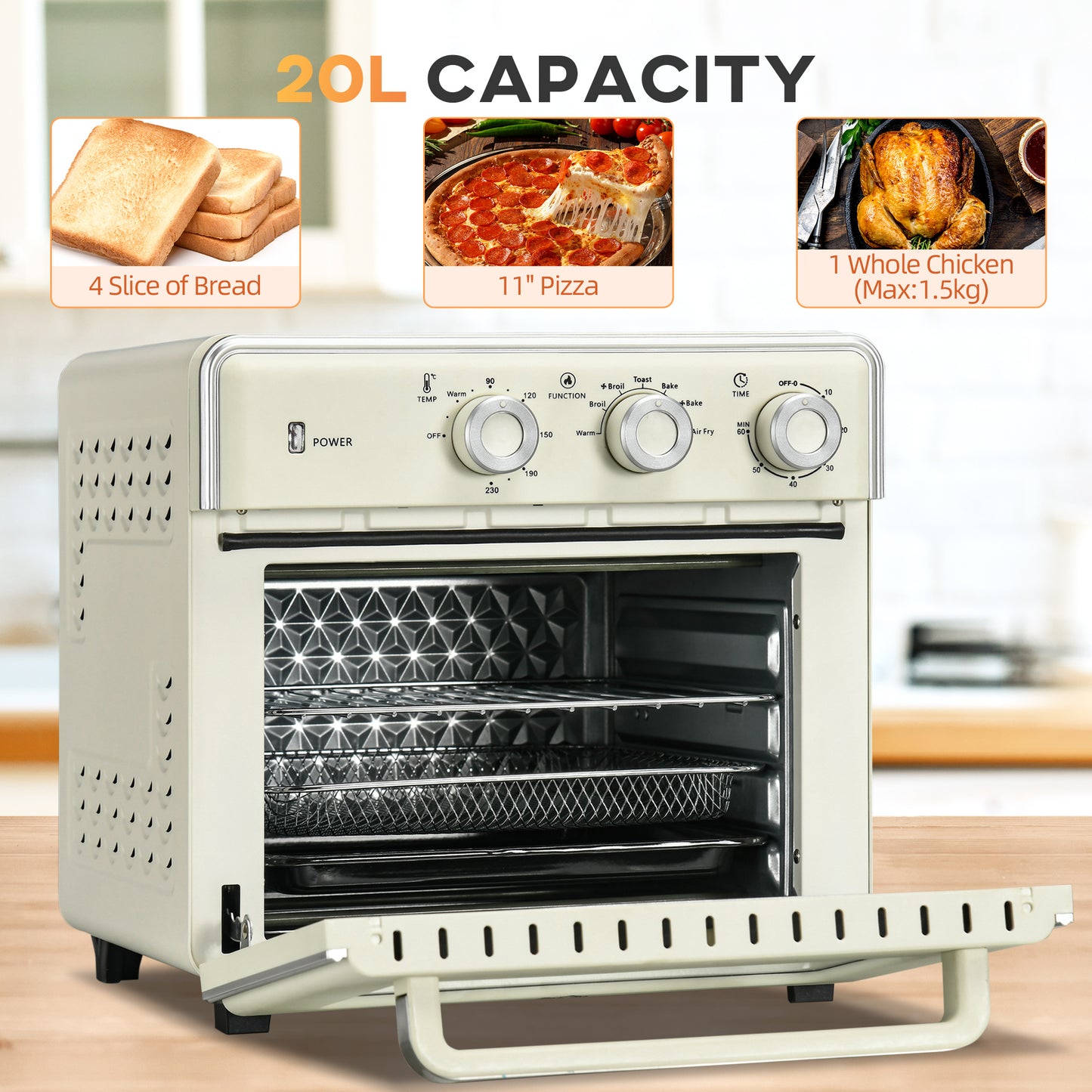 Retro Style 7-in-1 Toaster Oven, 20L 4-Slice Convection Oven with Warm, Broil, Toast, Bake, Air Fryer, 60min Timer and Adjustable Thermostat