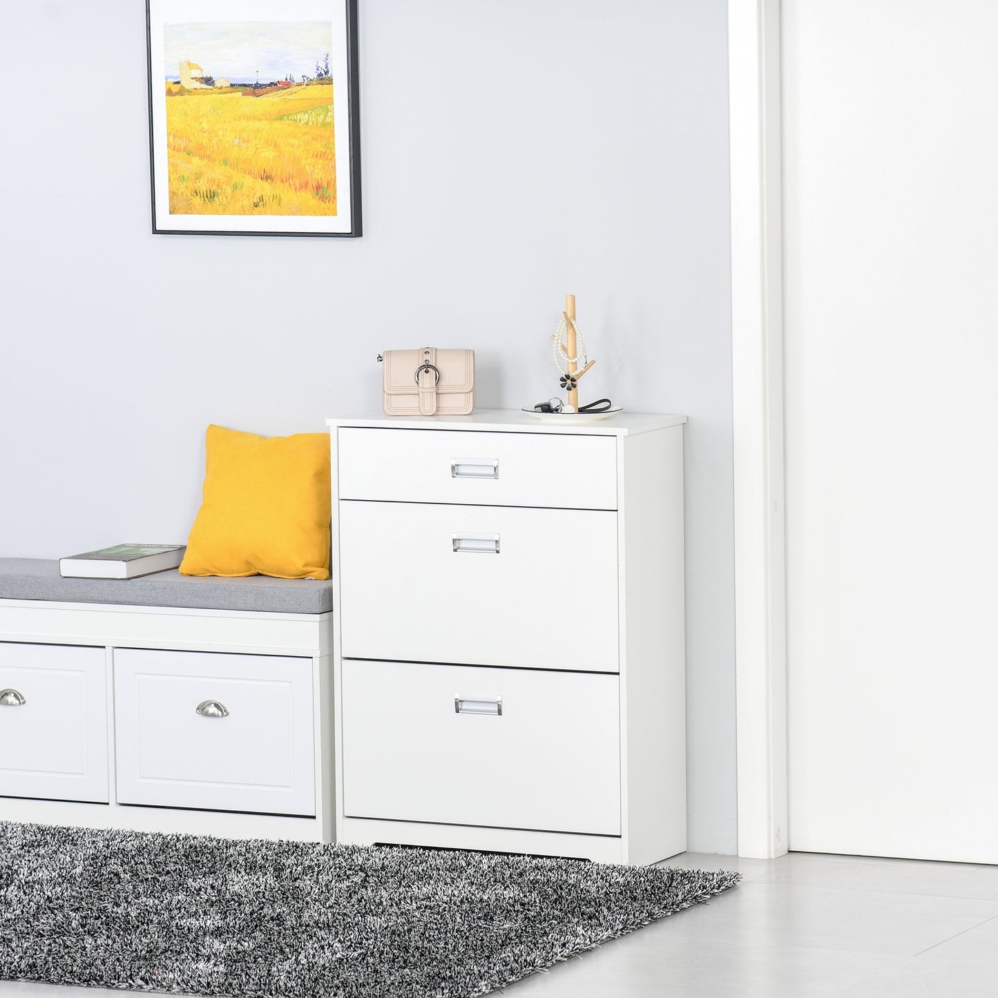 Tipping Shoe Cabinet Storage Rack Entryway Organiser with 2 Pull-Down Doors and Drawer Adjustable Shelf for Hallway Porch Narrow Space