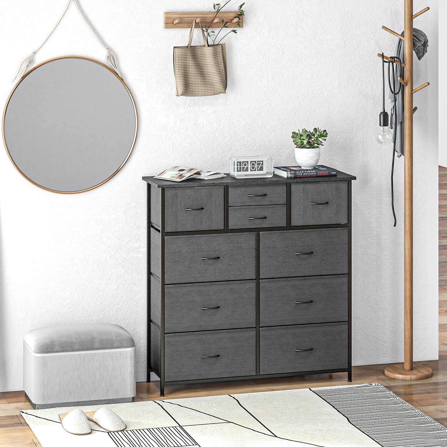 Chest of Drawers, 10 Drawer Dresser with Foldable Fabric Drawers and Steel Frame, Black