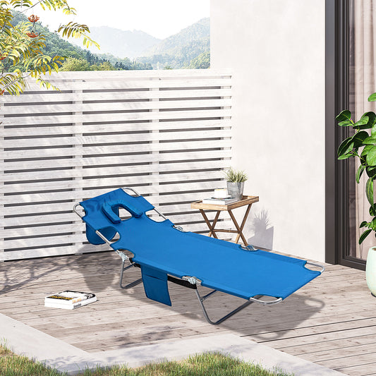 Outsunny Beach Chaise Lounge with Face Cavity & Arm Slots, Portable Sun Lounger, Reclining Lounge Chair 5-position Adjustable Backrest, Blue
