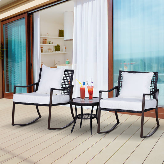 Outsunny 2 Seater Rattan Bistro Set 2 Rocking Armchair with Pillow Cushion & Tempered Glass Round Coffee Table Wicker Weave Furniture, Brown