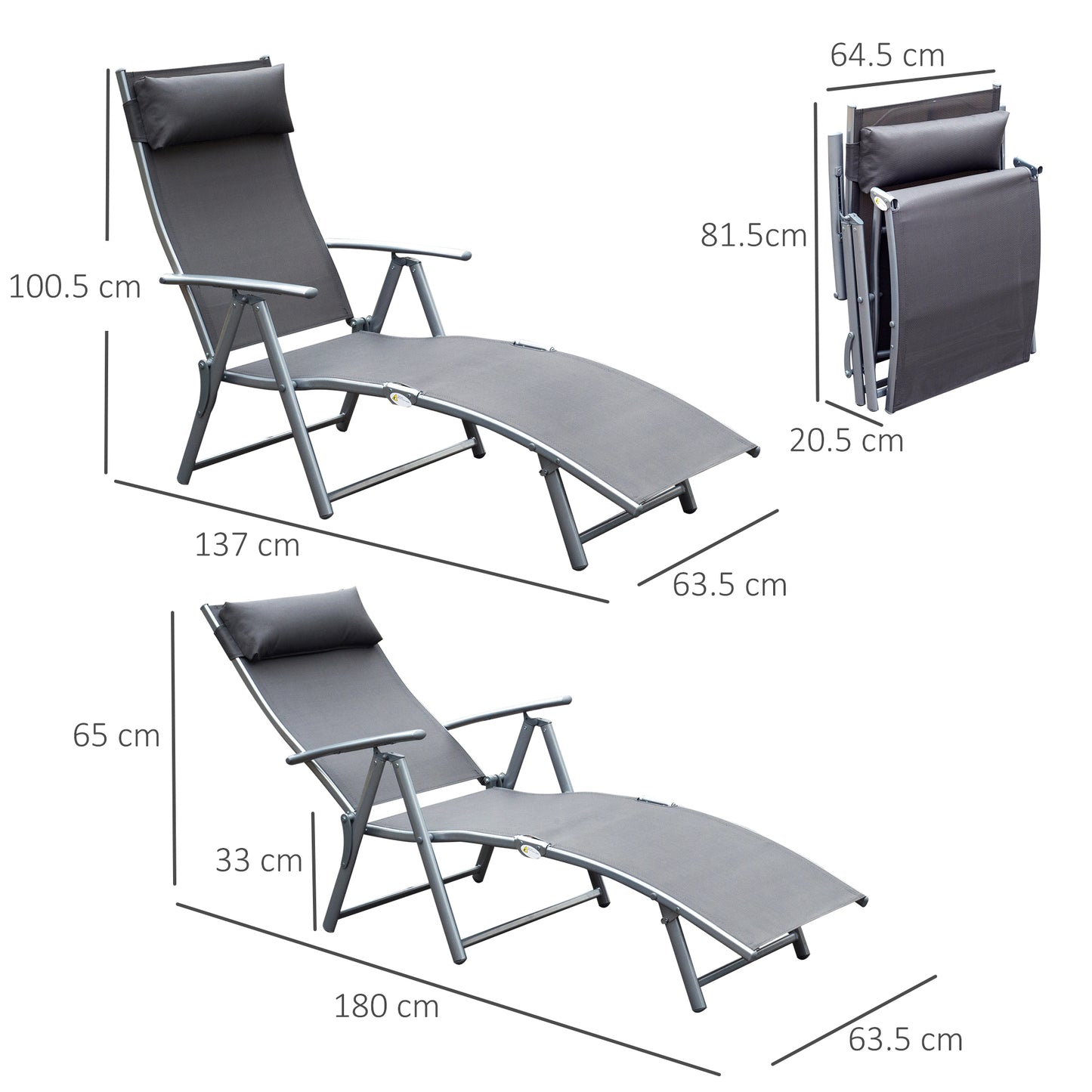 Outsunny Texteline Sun Lounger Recliner Chair Patio Foldable Garden 5 Levels Grey