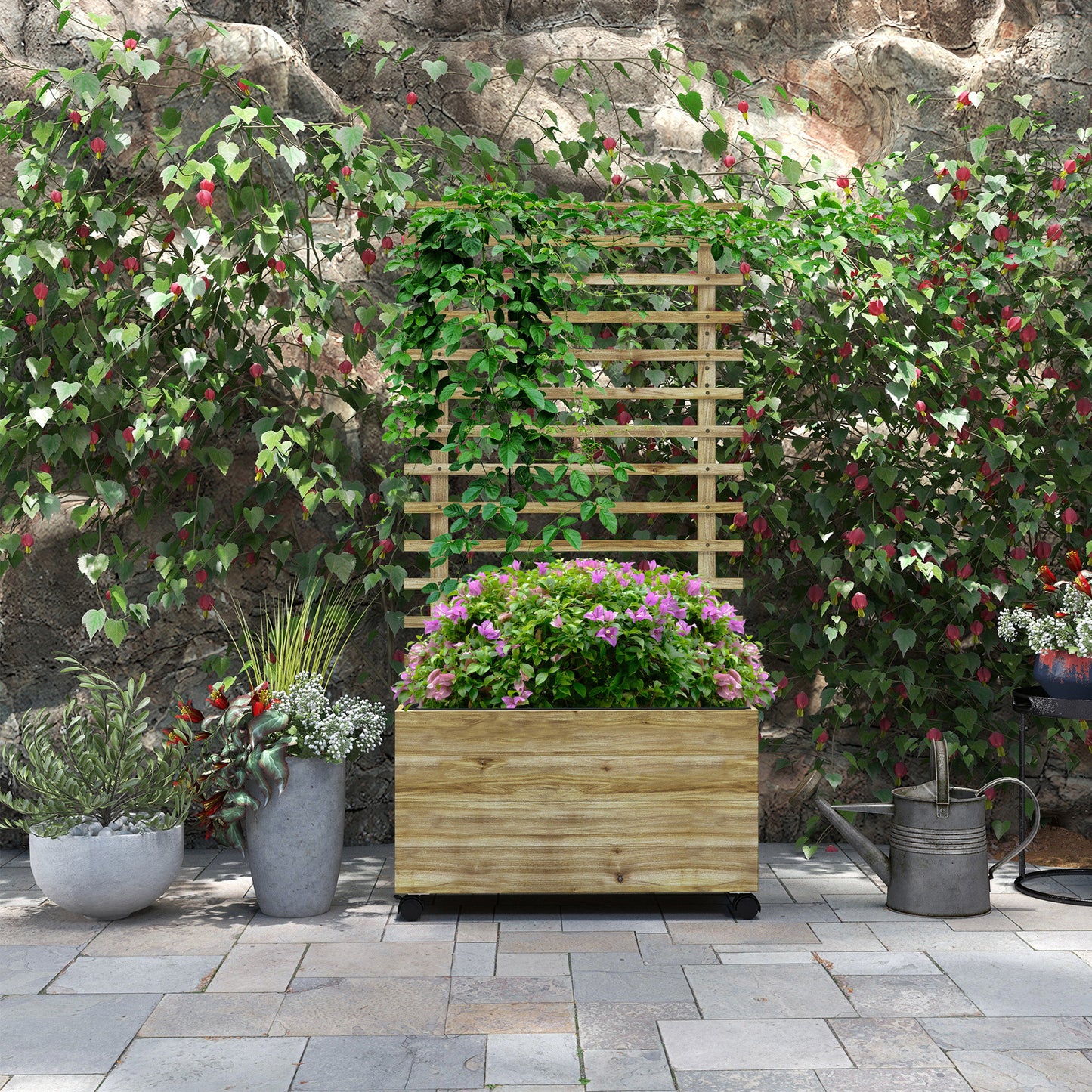 Outsunny Wooden Garden Raised Bed with Trellis, Planter Box with 4 Wheels for Climbing Plants, 76x30x155cm, Natural