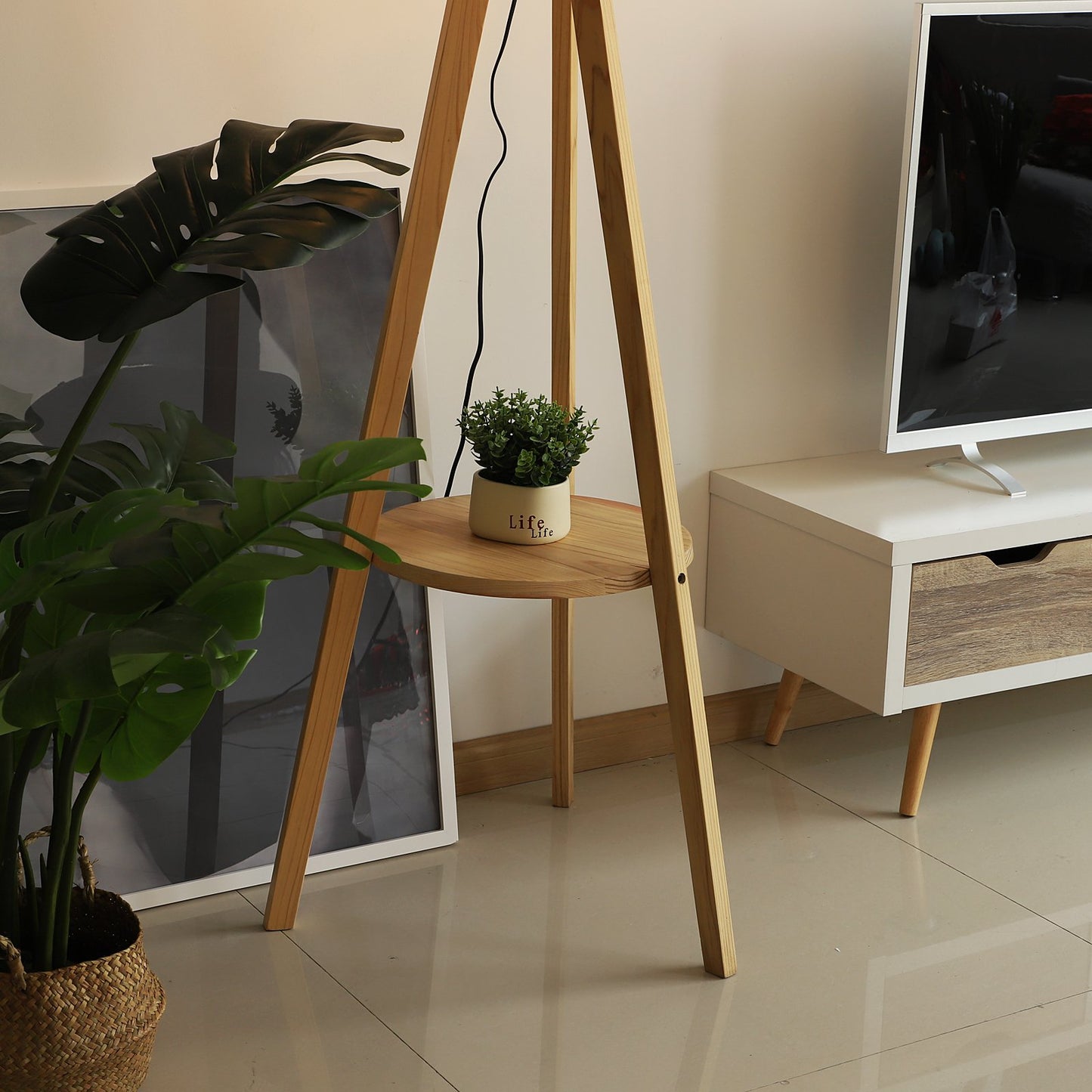 Free Standing Floor Lamp, 50Lx50Wx154H cm-Beige/Natural Wood Colour