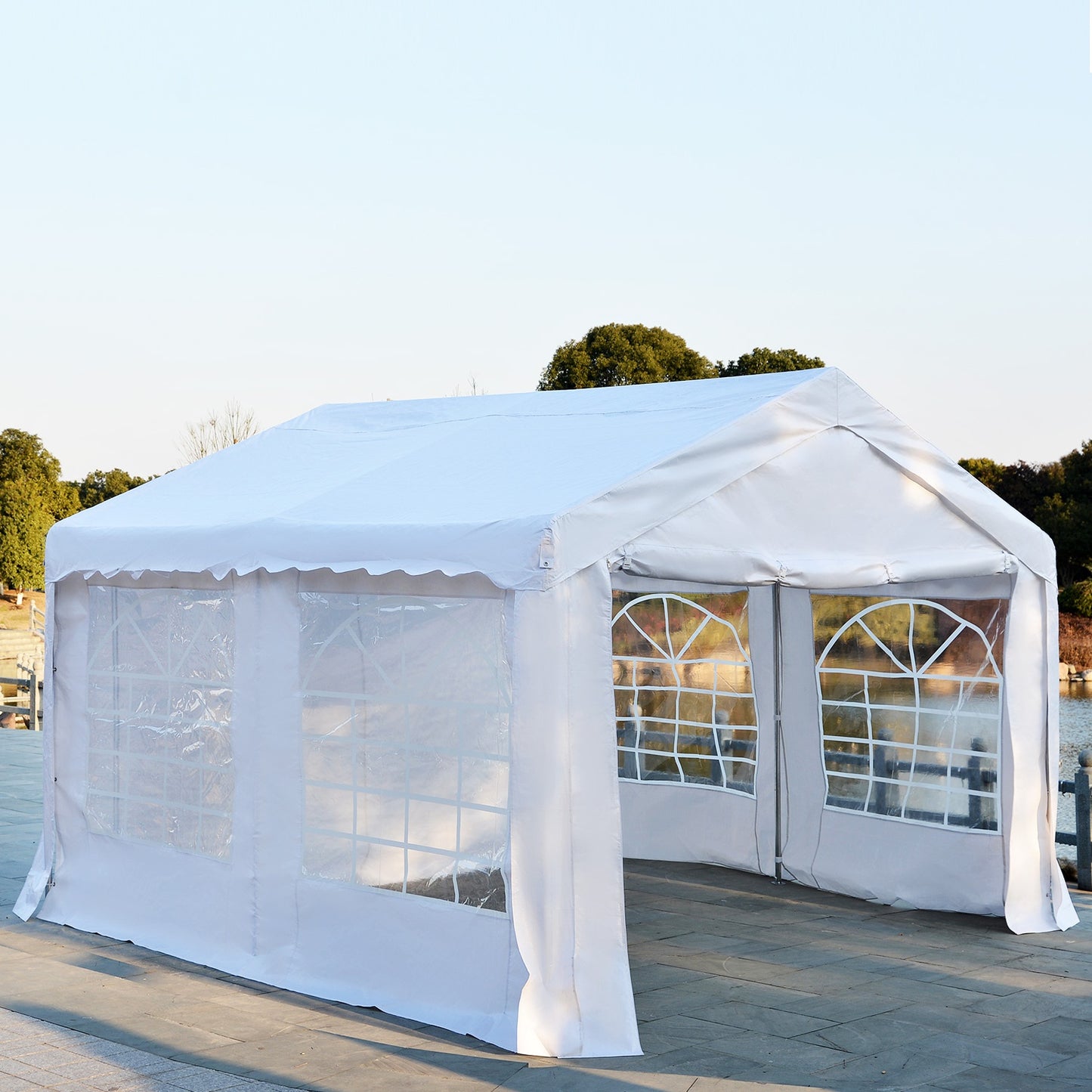 Outsunny 4m x 4 m Party Tents Portable Carport Shelter with Removable Sidewalls & Double Doors, Heavy Duty Party Tent Car Canopy