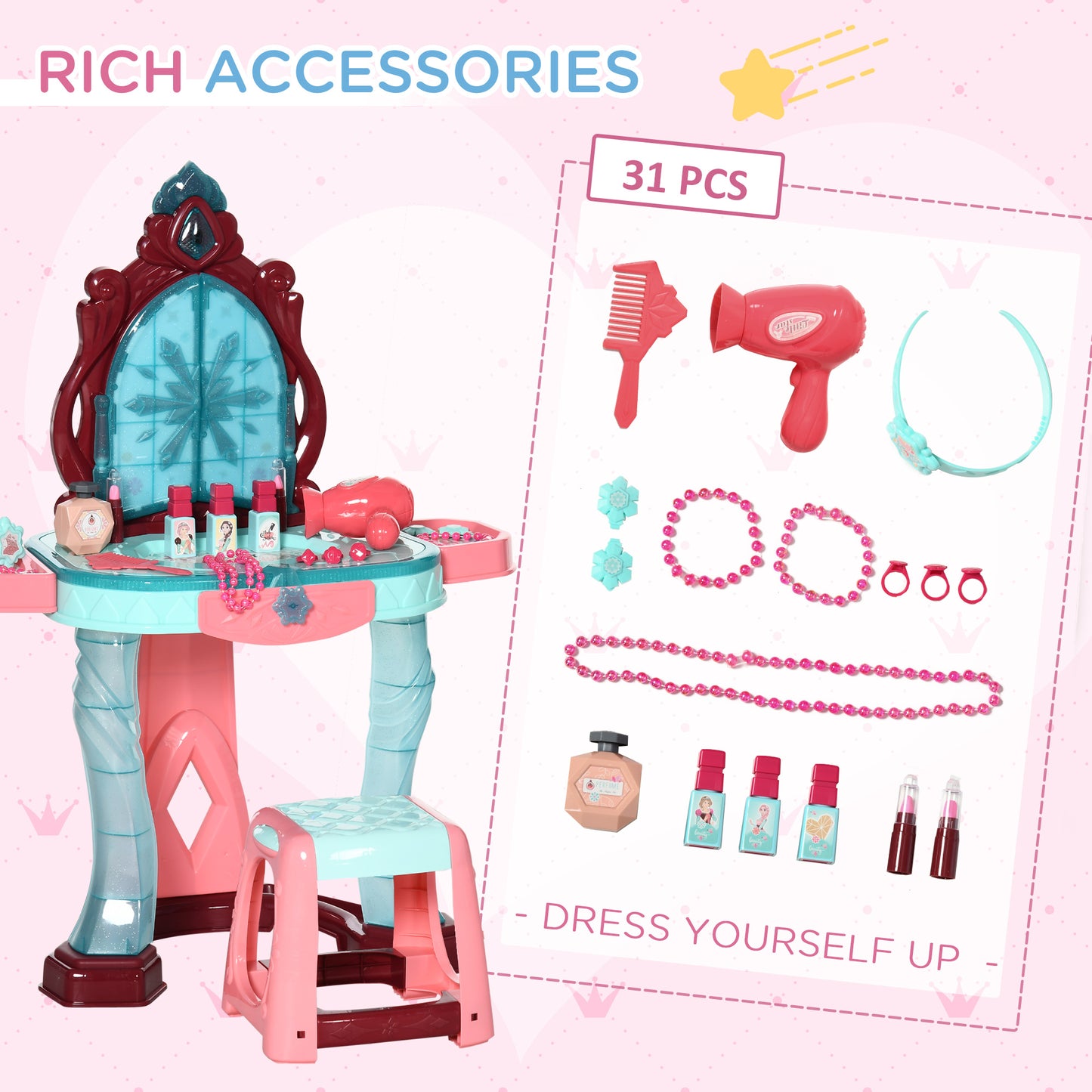 31 PCS Kids Dressing Table Set with Magic Princess Mirror, Musical Pretend Toy W/ Beauty Kit Mirror Light & Music, for 3-6 Years Old Blue+Pink