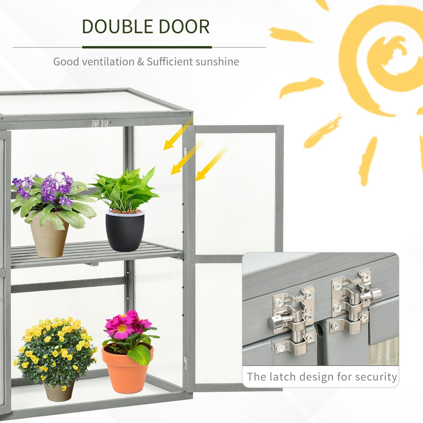 Outsunny Wooden Cold Frame Greenhouse Garden Polycarbonate Grow House w/ Adjustable Shelf, Double Doors, 76 x 47 x 110 cm, Grey