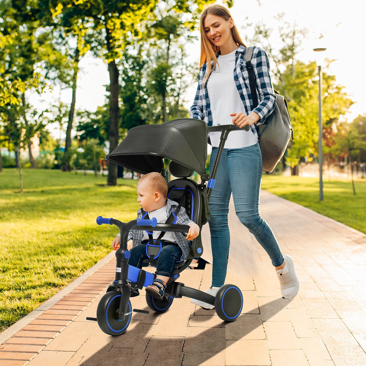 AIYAPLAY 3-in-1 Tricycle for Kids with Aluminium Frame, Baby Trike with Adjustable Push Handle, Canopy and Seat Angle for 18-48 Months, Blue