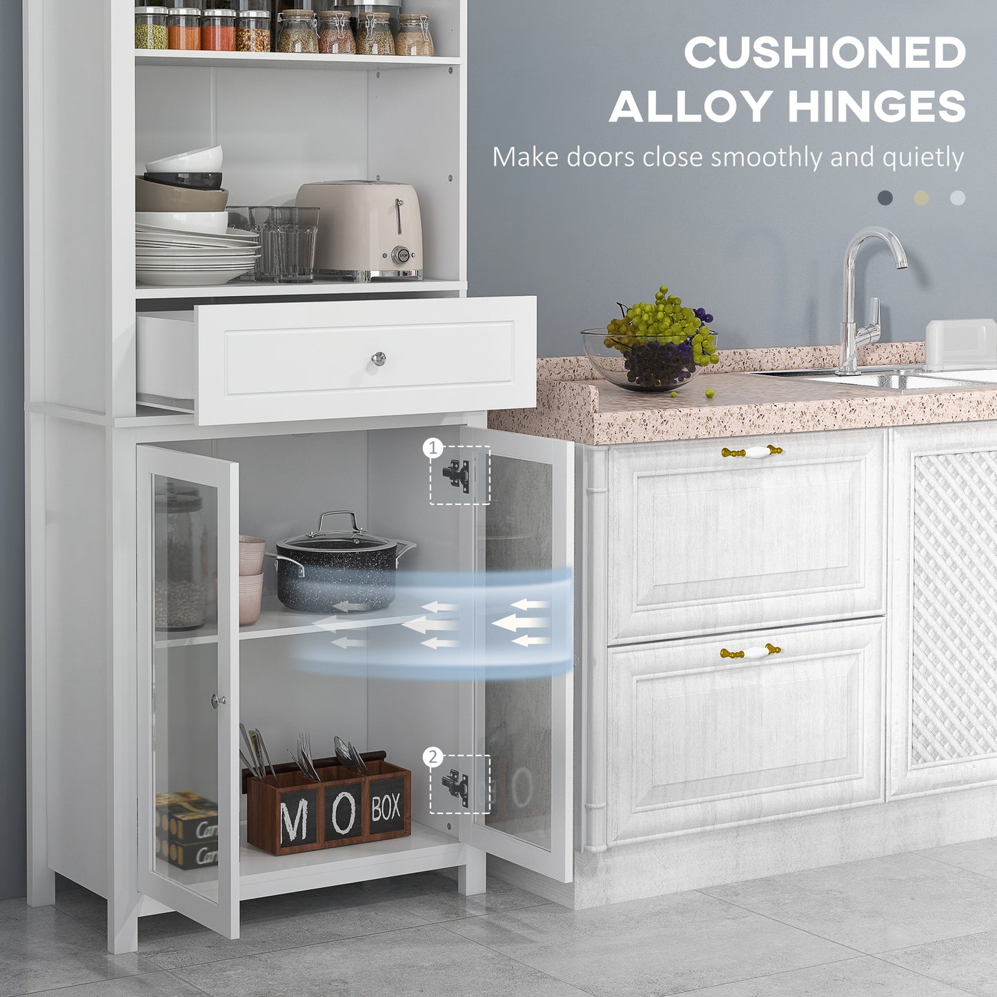 Kitchen Cupboard, Pantry Storage Cabinet w/ Tempered Glass Doors, Drawer, Open Shelf, Adjustable Shelves, 181.5 cm, White