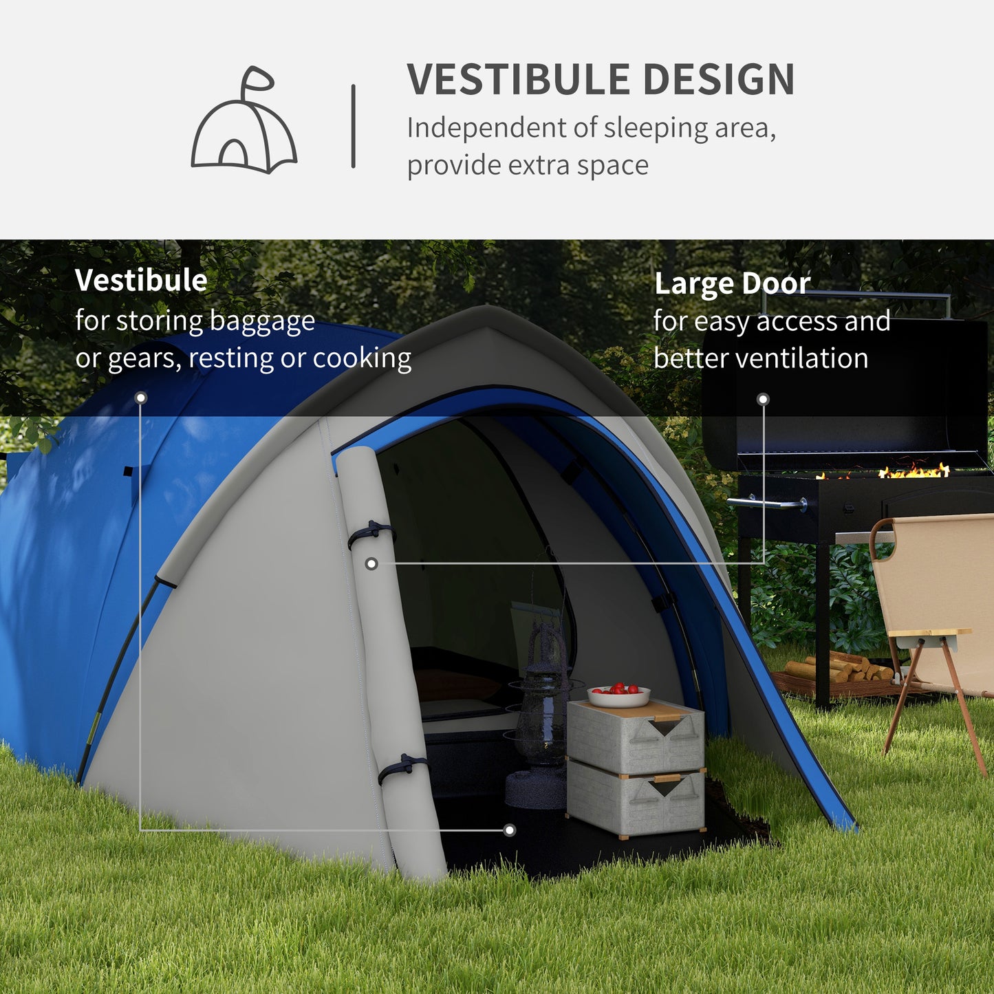 Outsunny Dome Tent for 2 Person Camping Tent with Large Windows, Waterproof Blue and Grey