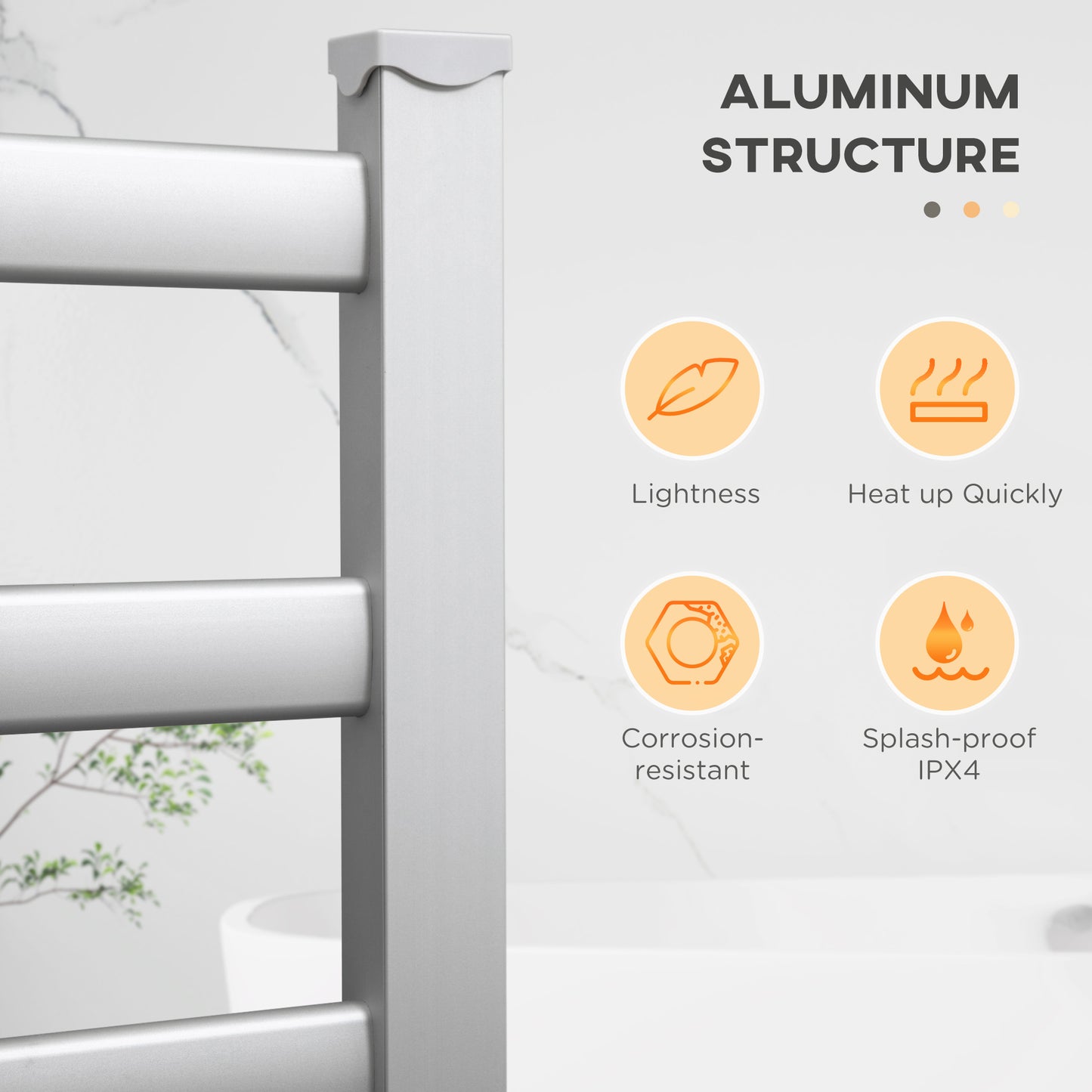 Electric Towel Warmer, 6 Bar Aluminium Heated Towel Rail, Wall Mounted & Free Standing Towel Drying Rack for Bathroom, Plug-in, Silver