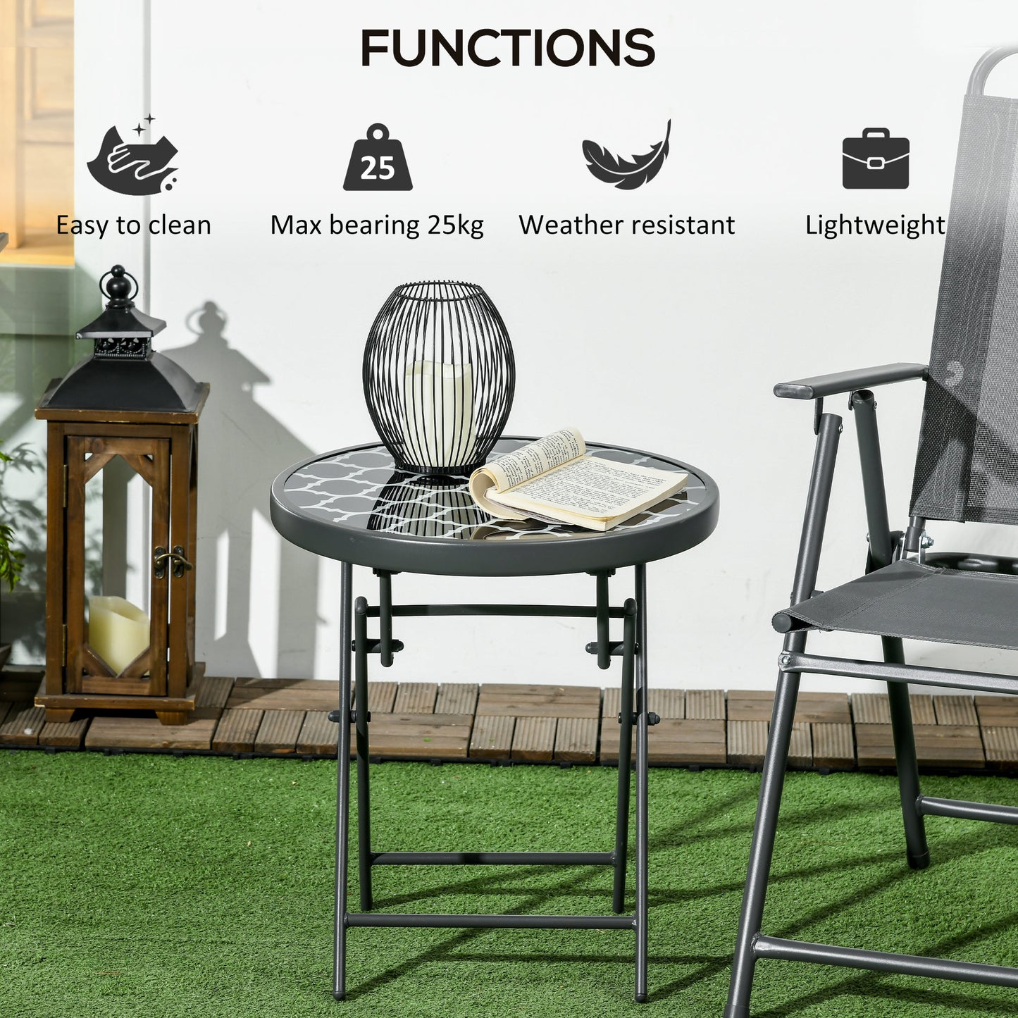 Outsunny Φ45cm Outdoor Side Table, Round Folding Patio Table with Imitation Marble Glass Top, Small Coffee Table, Black