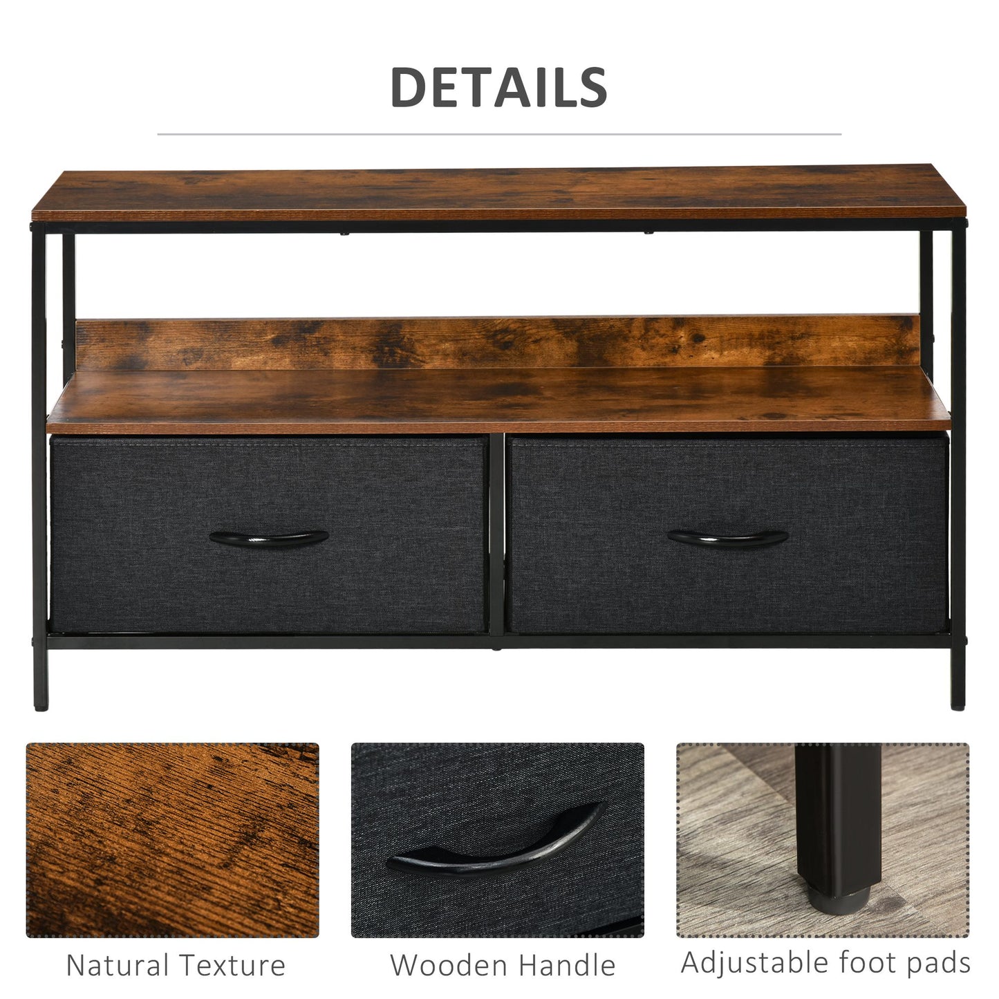 TV Cabinet Console Unit With 2 Foldable Linen Drawers, TV Stand With Shelving For Living Room, Entertainment Room, Rustic Brown