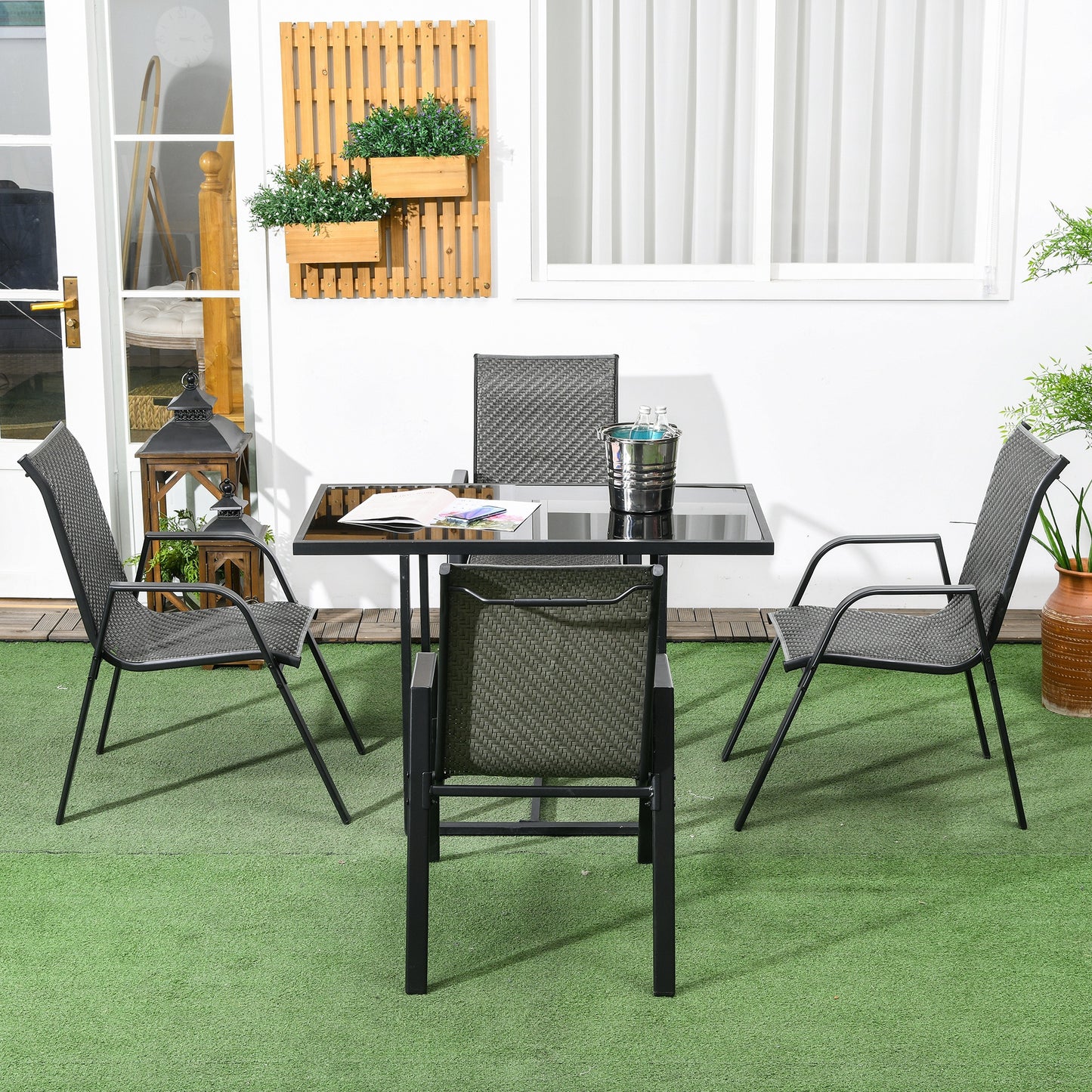 Outsunny Stackable Outdoor Rattan Chairs Set of 4 with Armrests and Backrest, Mixed Grey