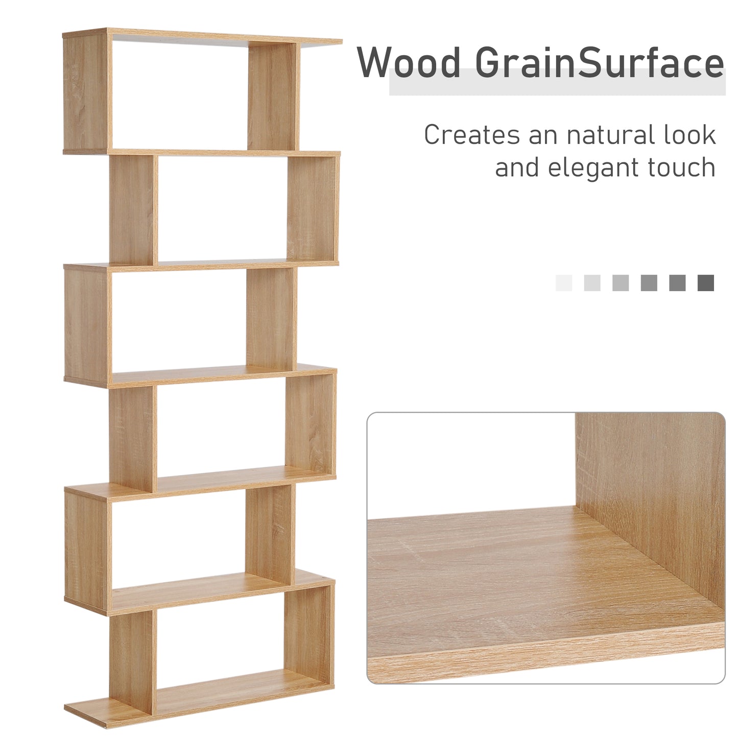 Wooden Wood S Shape Storage Display 6 Shelves Room Divider Unit Chest Bookshelf Bookcase Cupboard Cabinet Furniture (Oak)