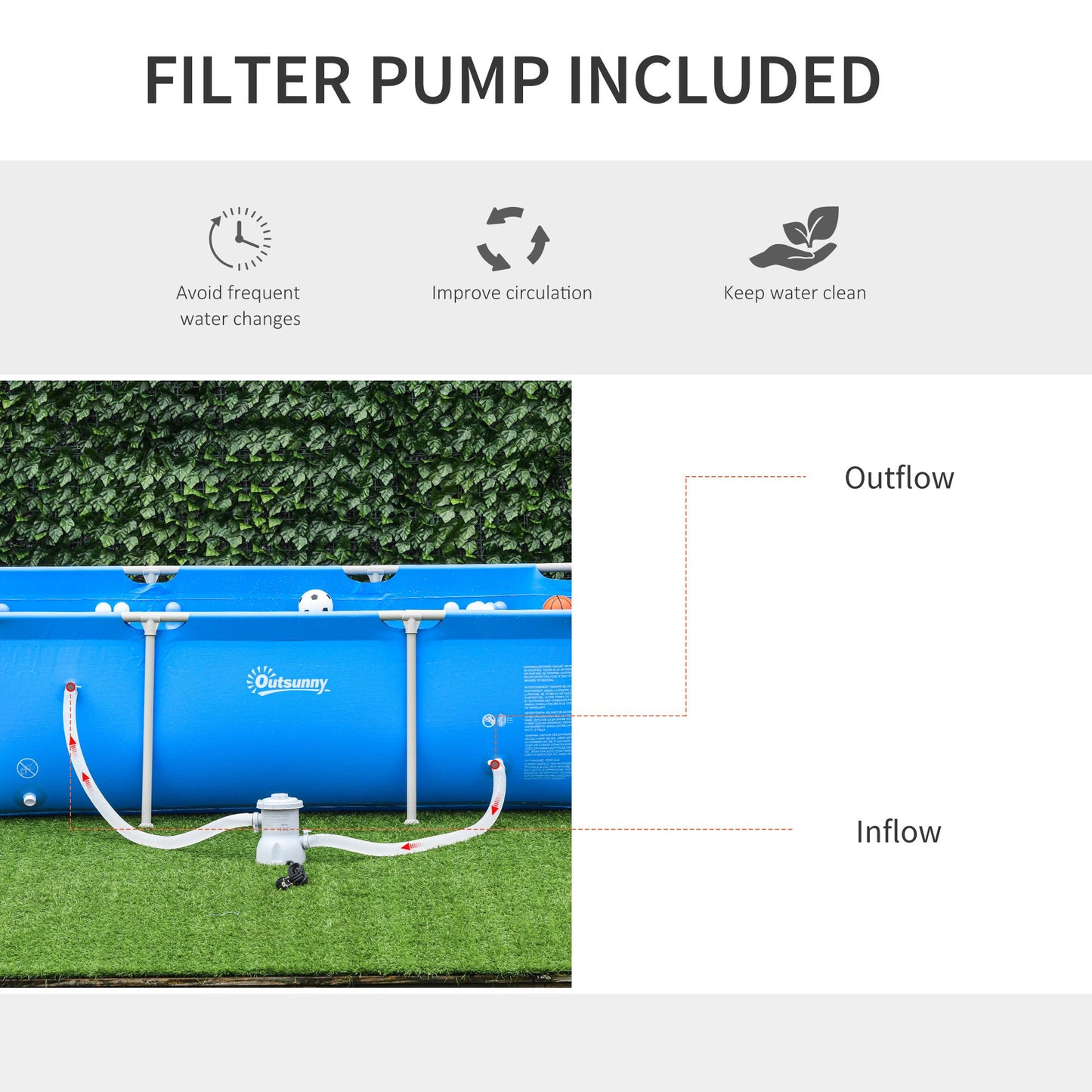 Outsunny Steel Frame Pool with Filter Pump and Filter Cartridge Rust Resistant Above Ground Pool with Reinforced Sidewalls, 252 x 152 x 65cm, Blue